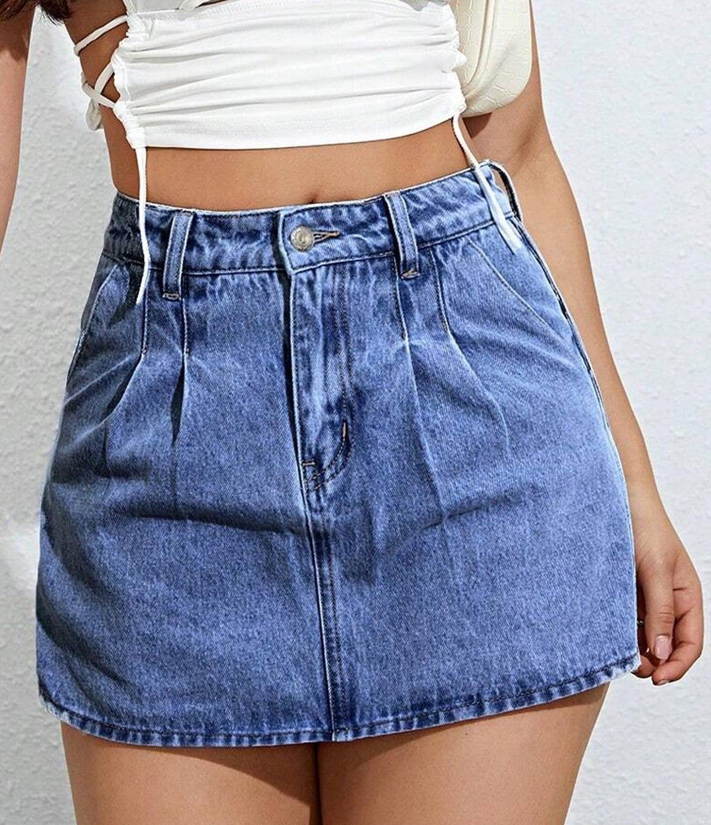 Flvsun-Women's Denim Skirt High Waist Casual Denim Skort Women Mini Jean Skirt Shorts Fold Pleated Design