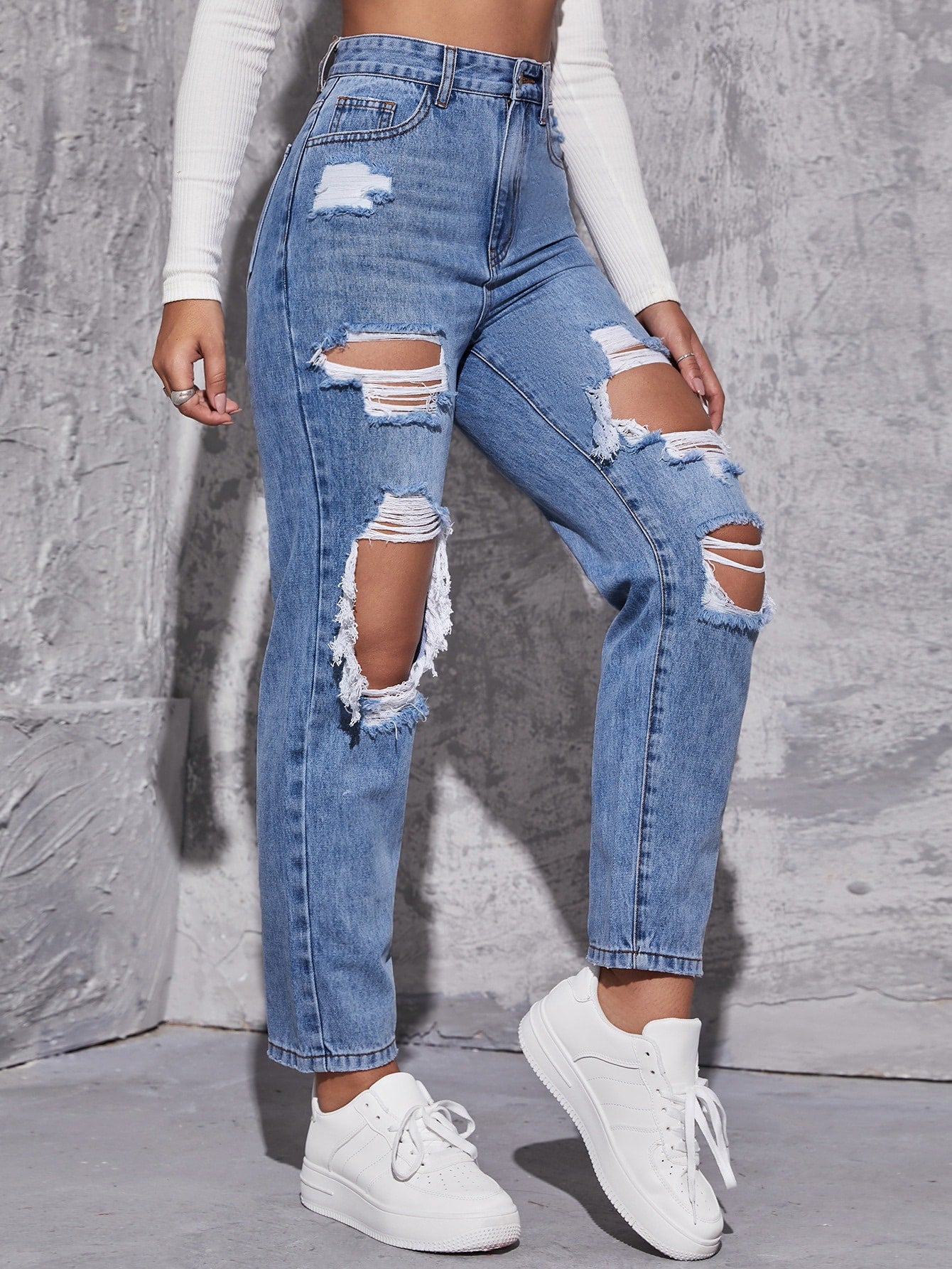 Flvsun-High Waist Ripped Mom Fit Jeans