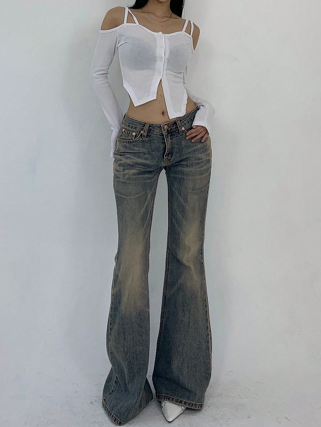Flvsun-Women's Pocketed Casual Flare Leg Denim Jeans Y2k