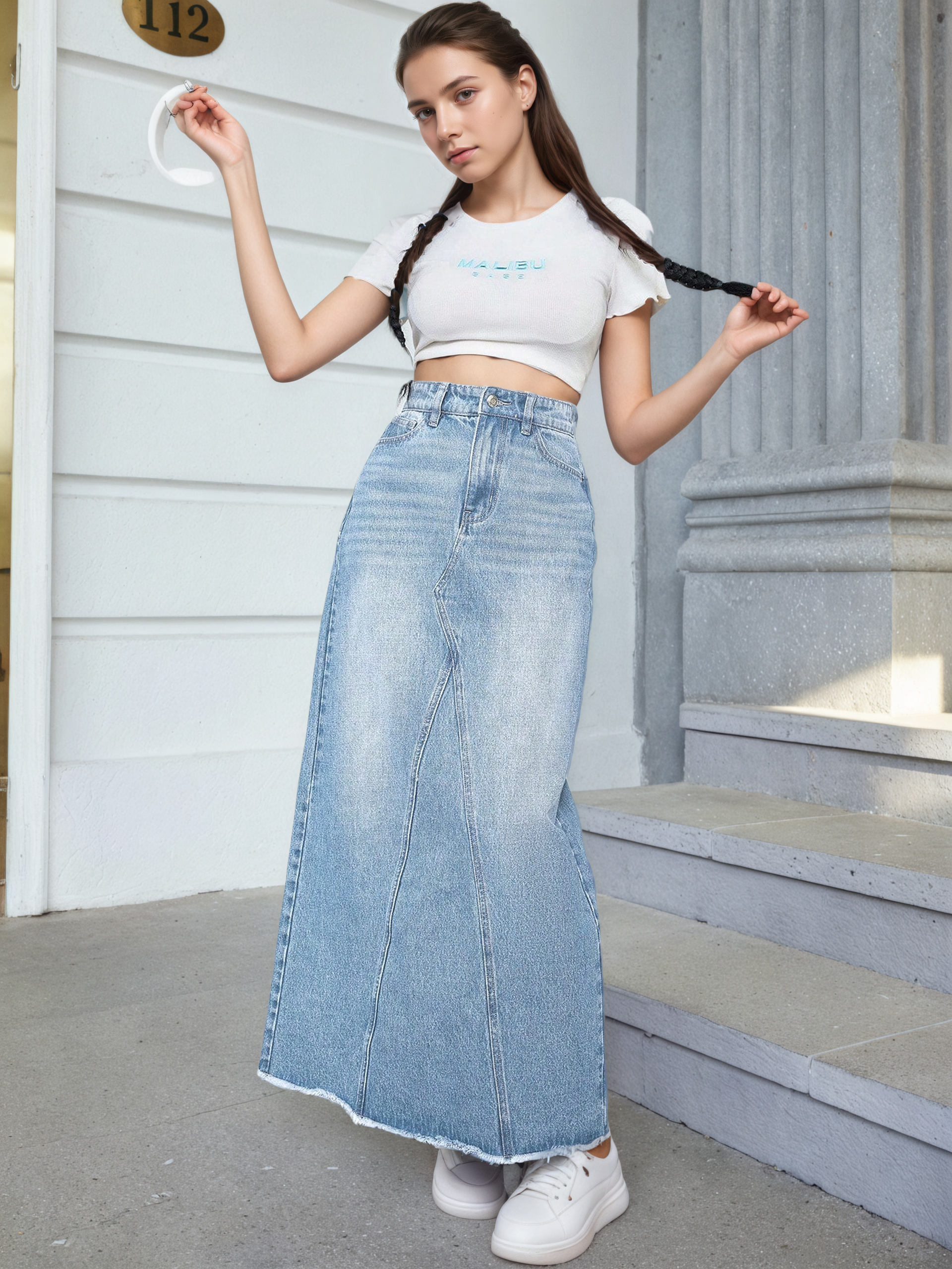 Flvsun-Casual Washed Frayed Hem Long Denim Skirt