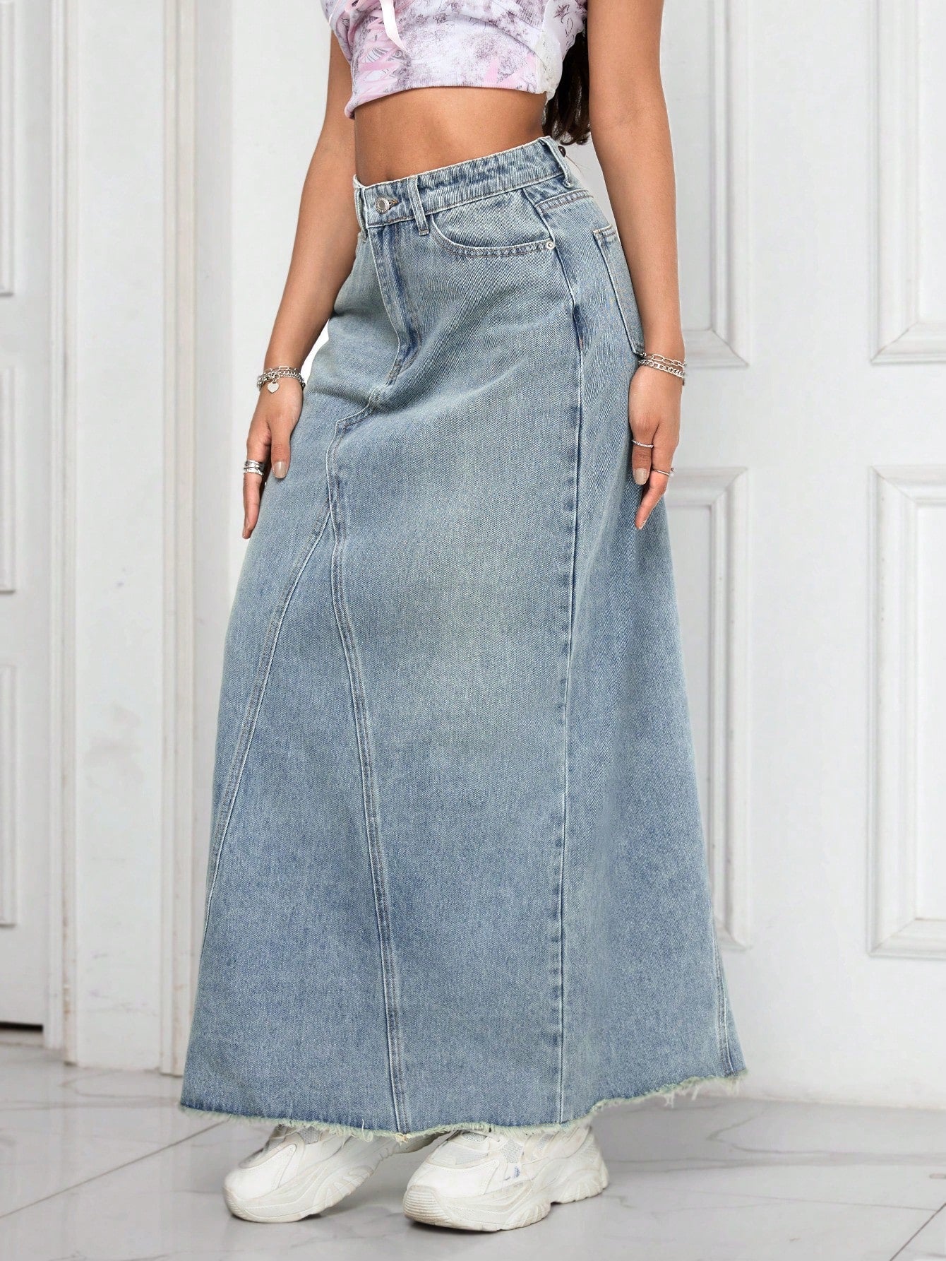 Flvsun-Casual Washed Frayed Hem Long Denim Skirt