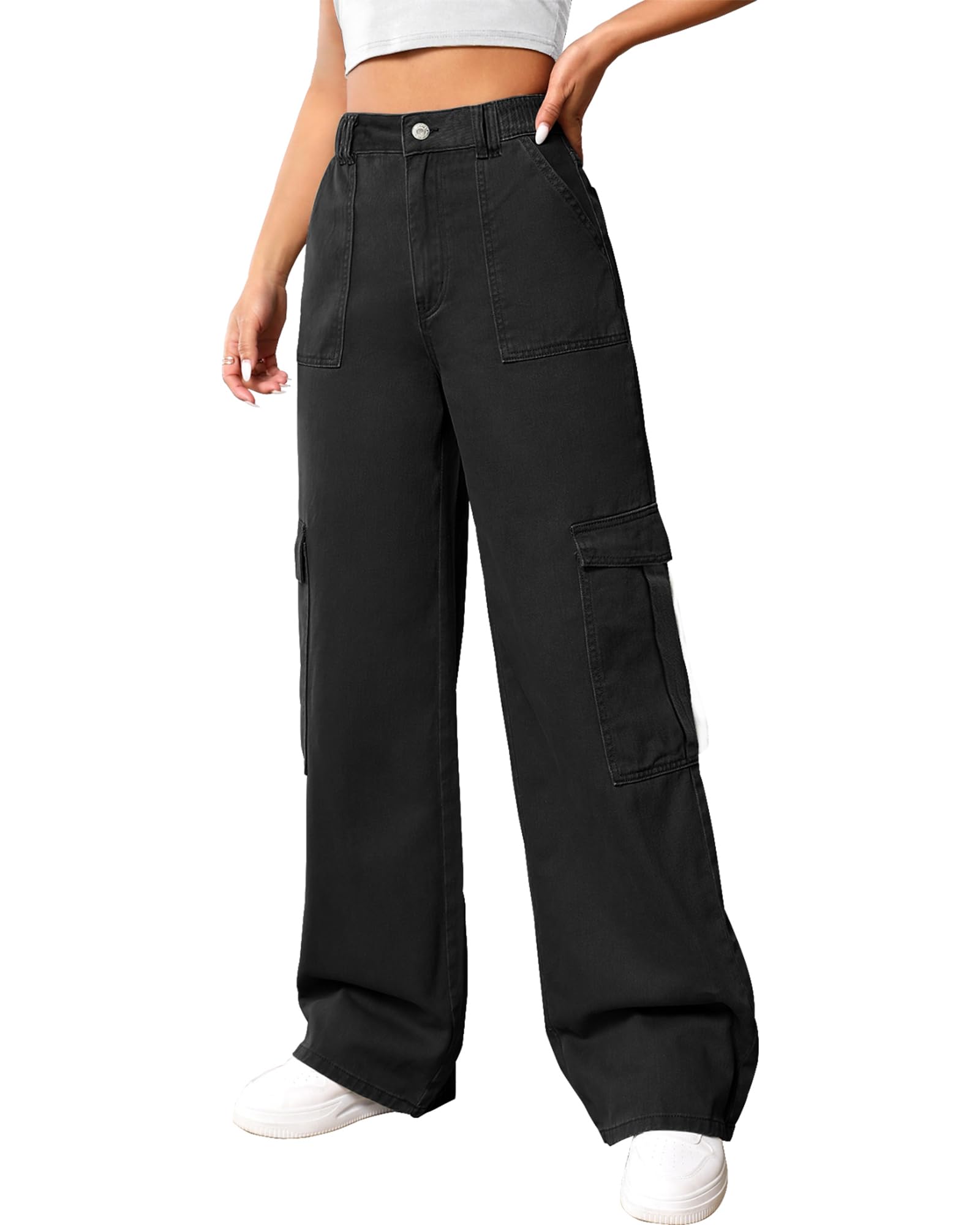 Flvsun-Cargo Pants Women High Waist Baggy Cargo Jeans