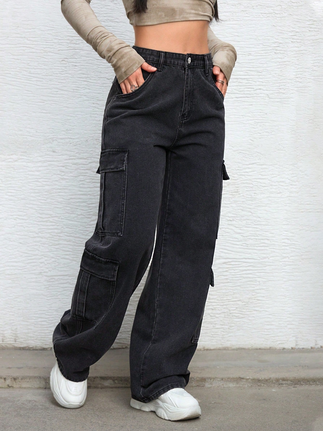 Flvsun-Women's Summer Zipper Fly Flap Pocket Cargo Jeans Y2k
