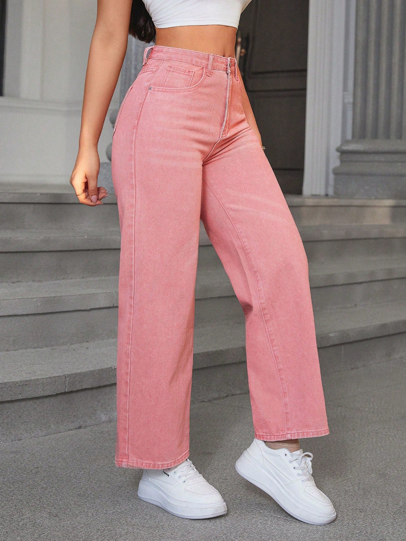 Flvsun-Solid High Waist Wide Leg Slant Pocket Jeans
