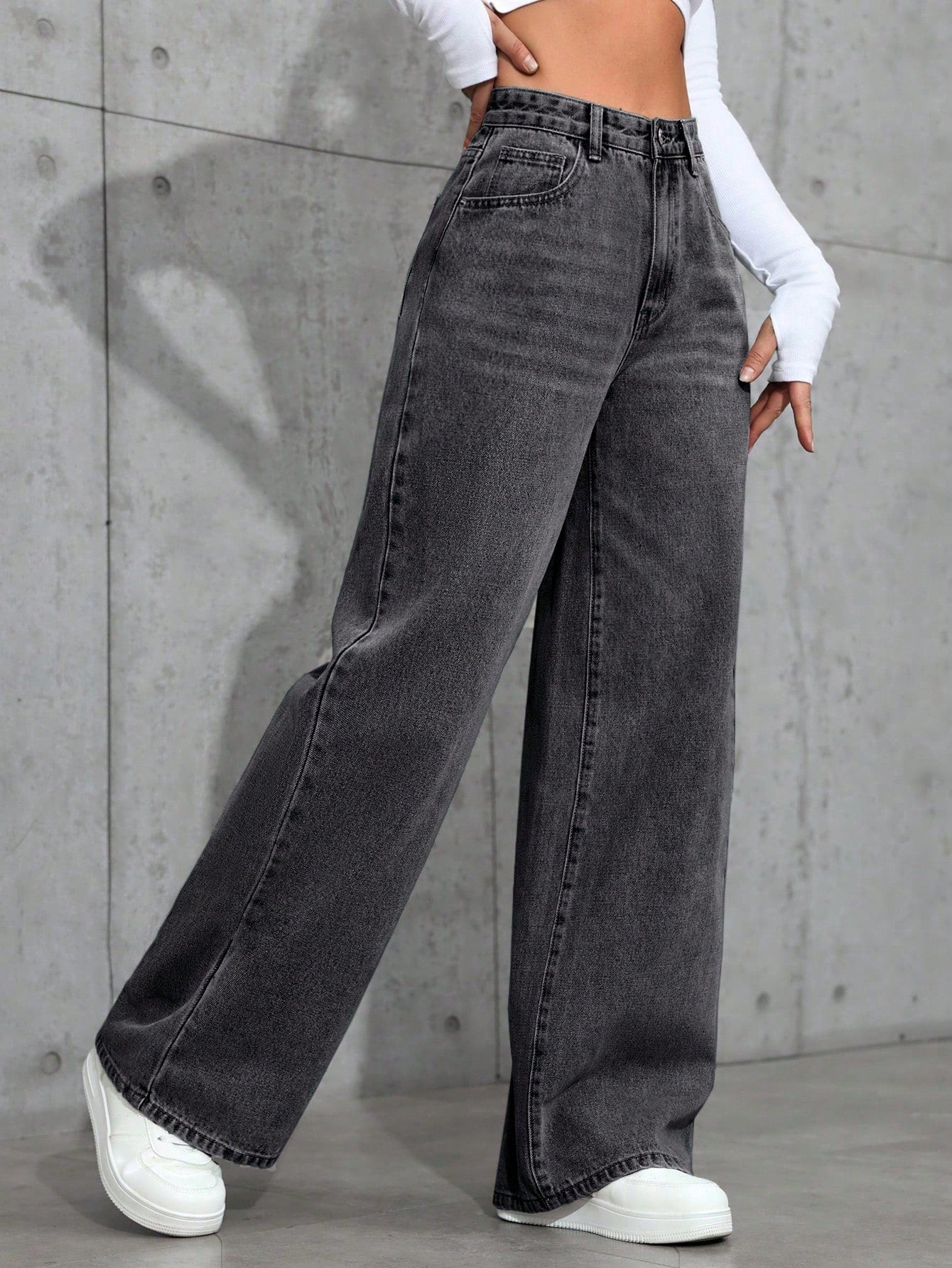Flvsun-Casual Faded High Waist Wide Leg Jeans