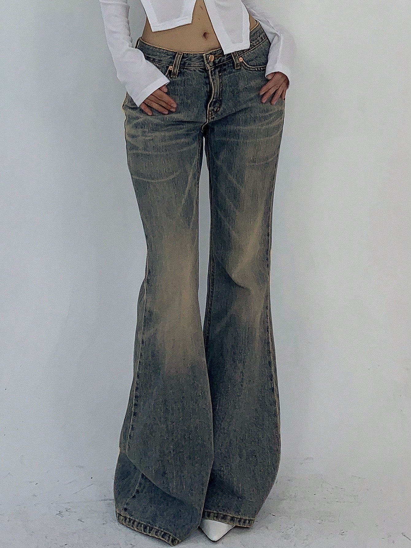 Flvsun-Women's Pocketed Casual Flare Leg Denim Jeans Y2k