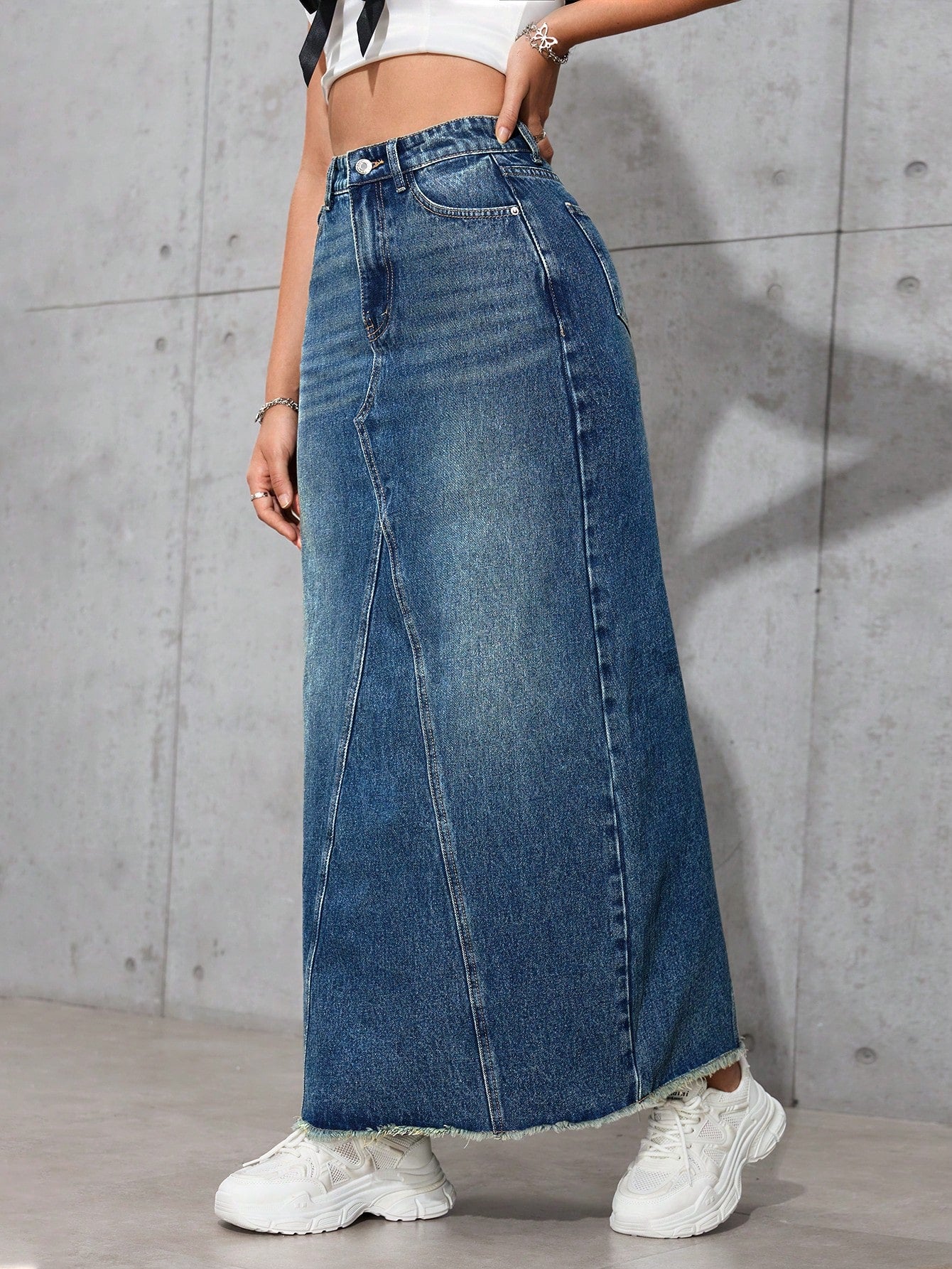 Flvsun-Casual Washed Frayed Hem Long Denim Skirt