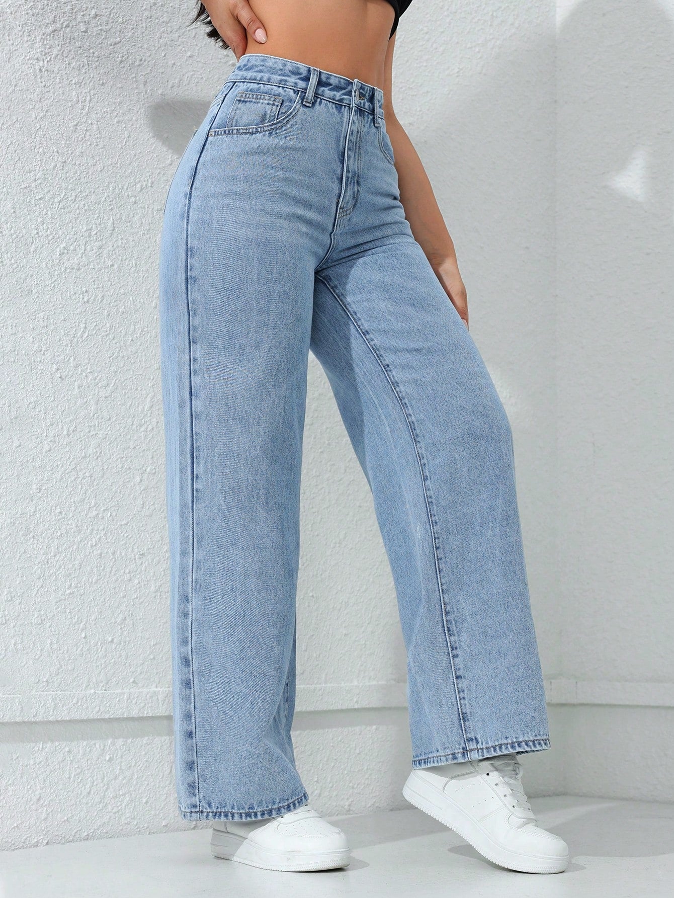 Flvsun-Solid High Waist Wide Leg Slant Pocket Jeans