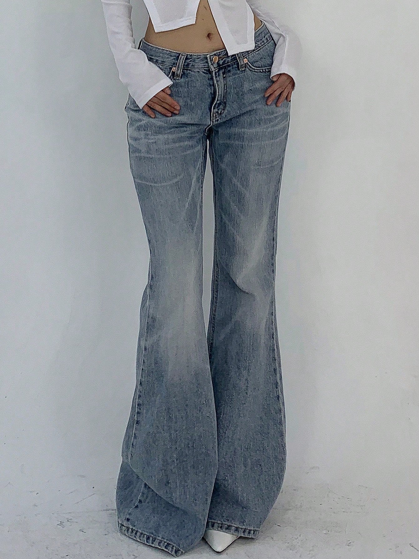 Flvsun-Women's Pocketed Casual Flare Leg Denim Jeans Y2k