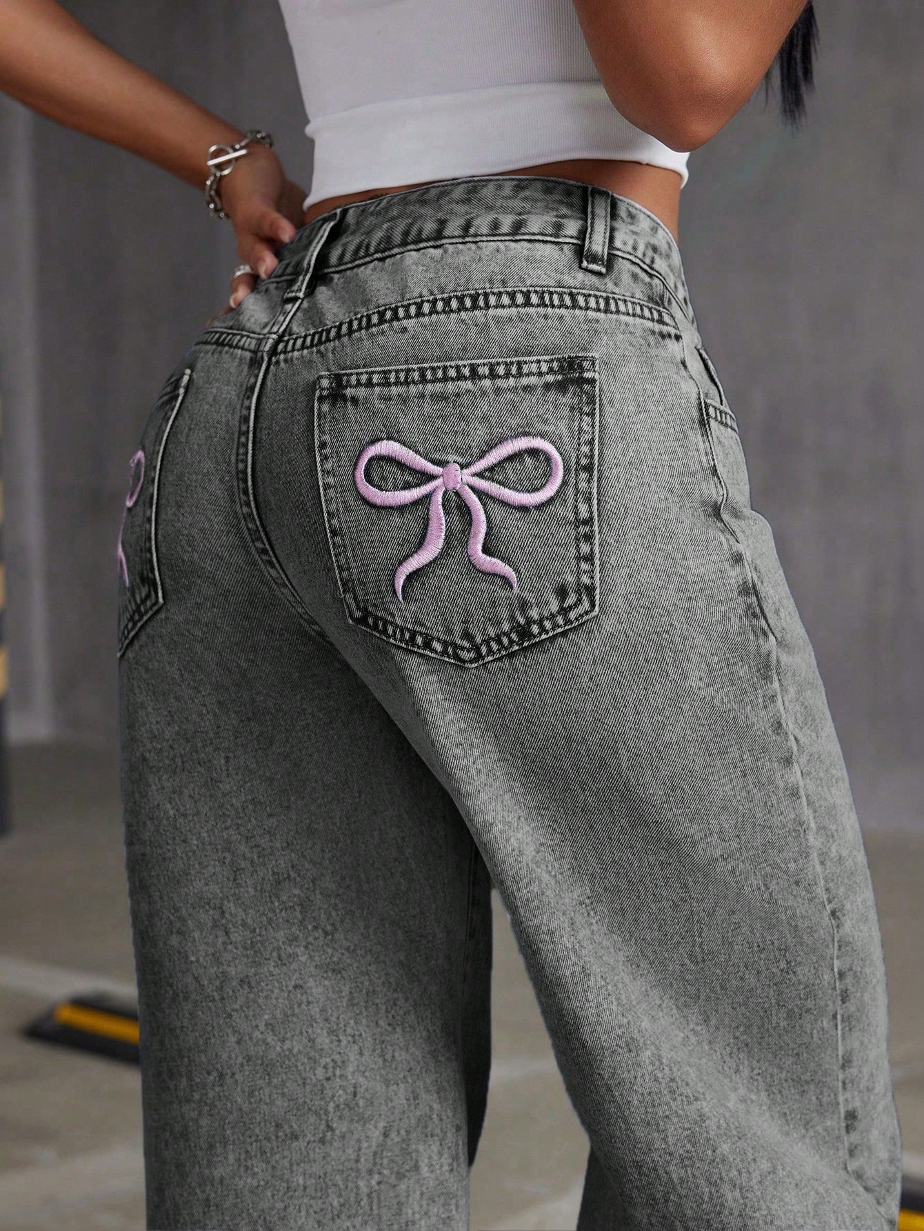 Flvsun-Women Embroidered Bowknot Washed Denim Jeans