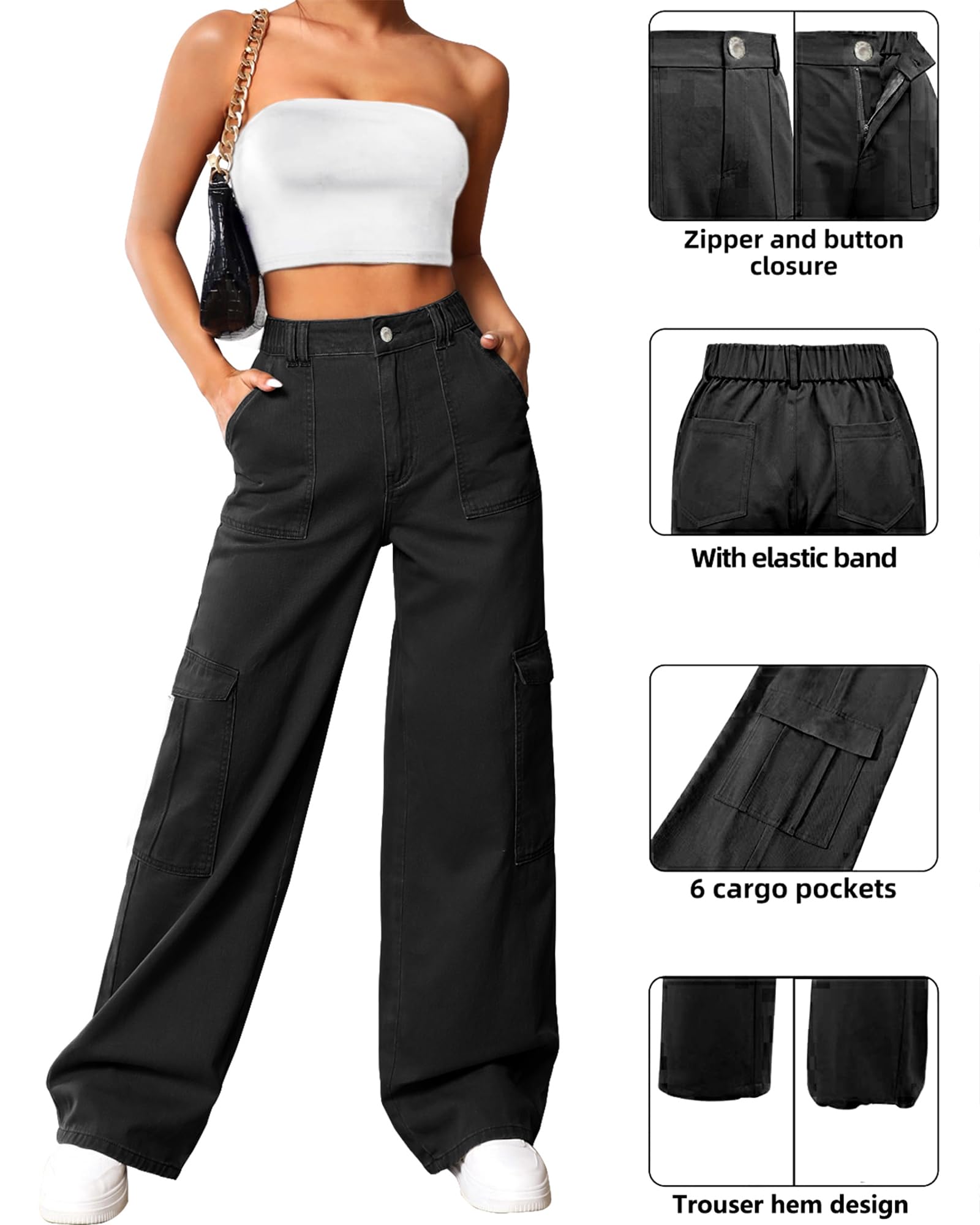 Flvsun-Cargo Pants Women High Waist Baggy Cargo Jeans