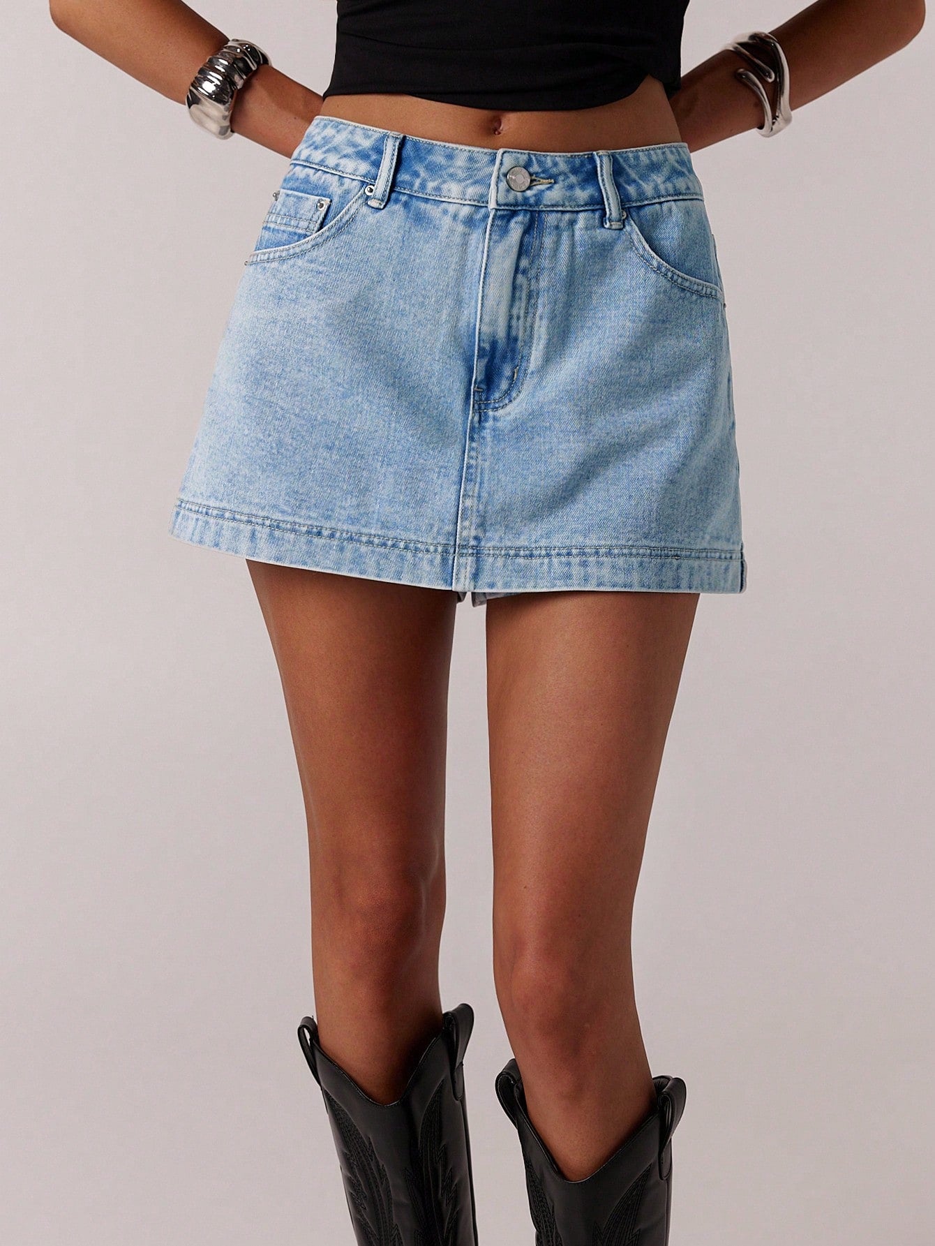 Flvsun-Women's Vintage Street Style Casual Washed Denim Mini Skirt, Spring