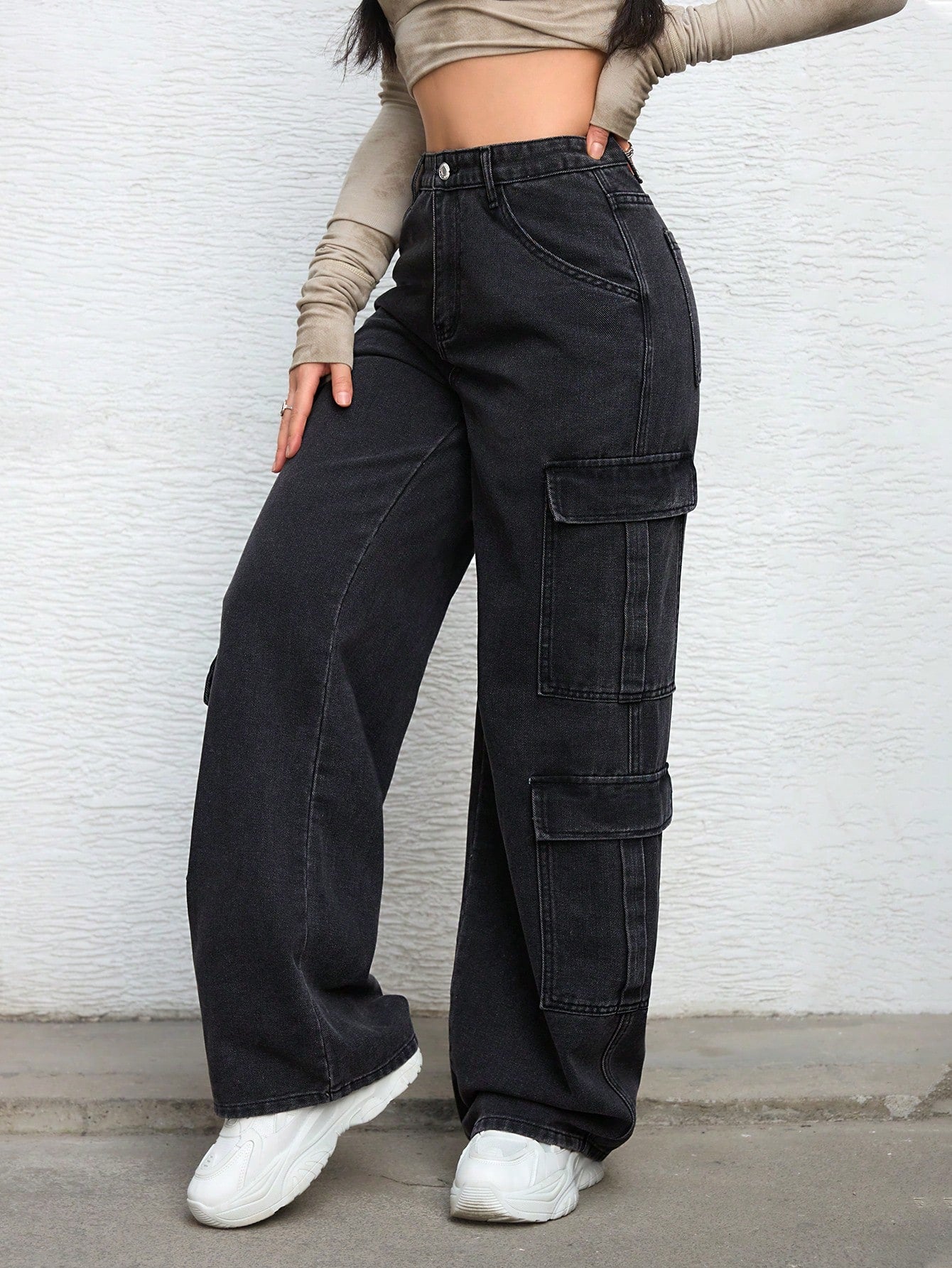 Flvsun-Women's Summer Zipper Fly Flap Pocket Cargo Jeans Y2k