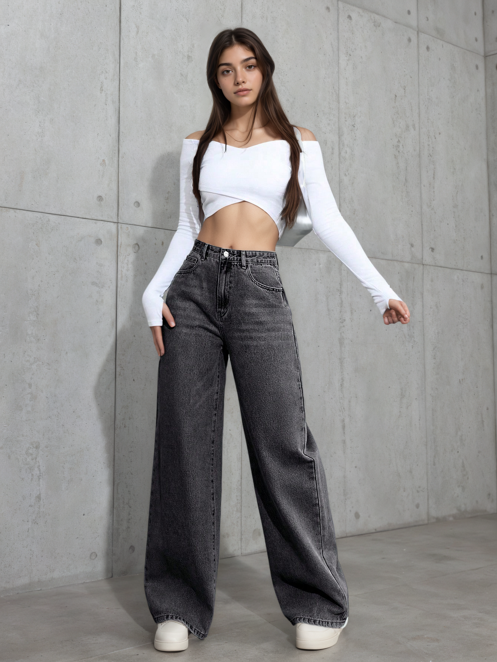 Flvsun-Casual Faded High Waist Wide Leg Jeans