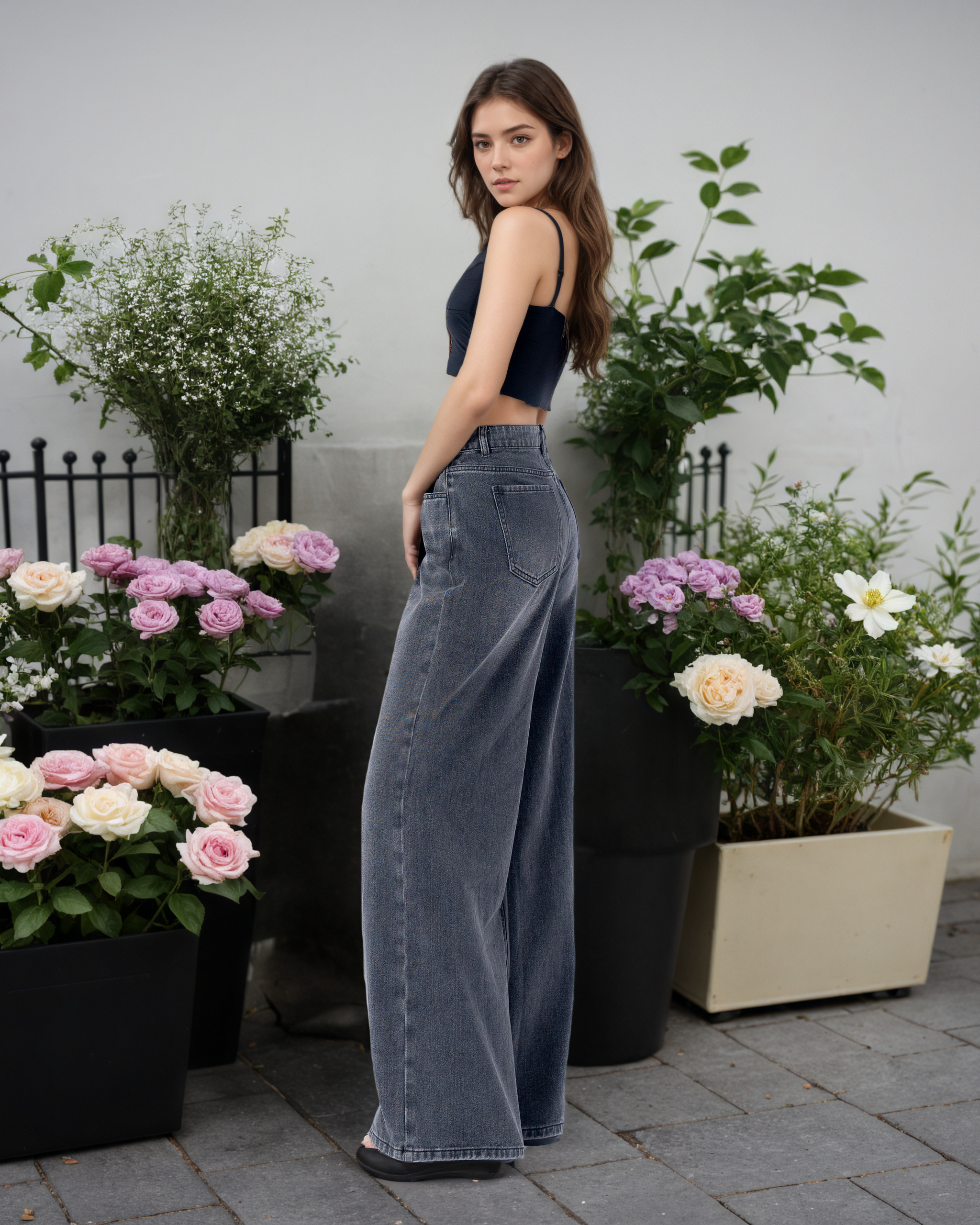 Flvsun-Women's High Waist Jeans SolidWaist Adjusting Buckle Wide LegDenim Jeans-Dark Grey Jeans