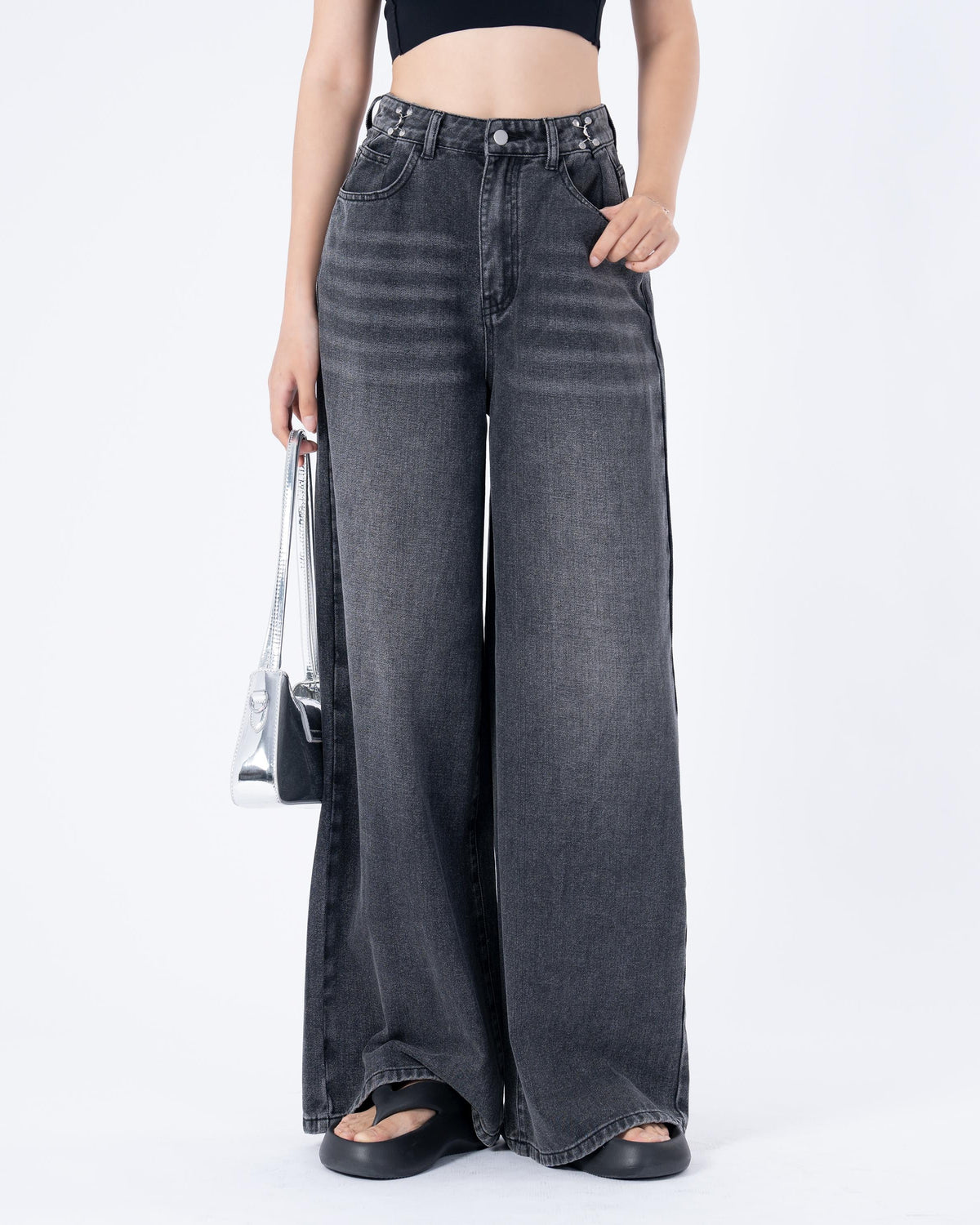 Flvsun-Women's High Waist Jeans SolidWaist Adjusting Buckle Wide LegDenim Jeans-Dark Grey Jeans