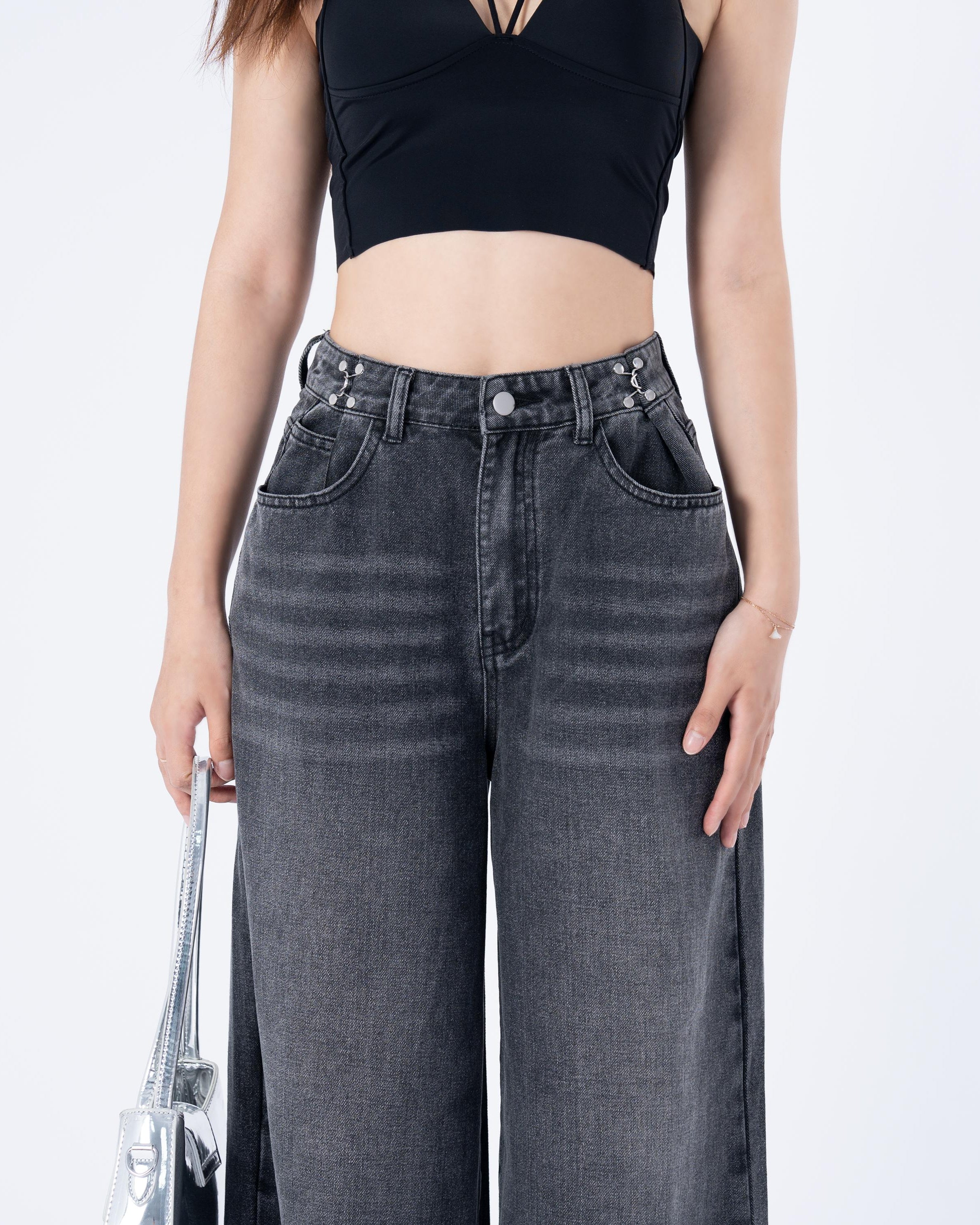 Flvsun-Women's High Waist Jeans SolidWaist Adjusting Buckle Wide LegDenim Jeans-Dark Grey Jeans