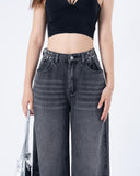 Flvsun-Women's High Waist Jeans SolidWaist Adjusting Buckle Wide LegDenim Jeans-Dark Grey Jeans
