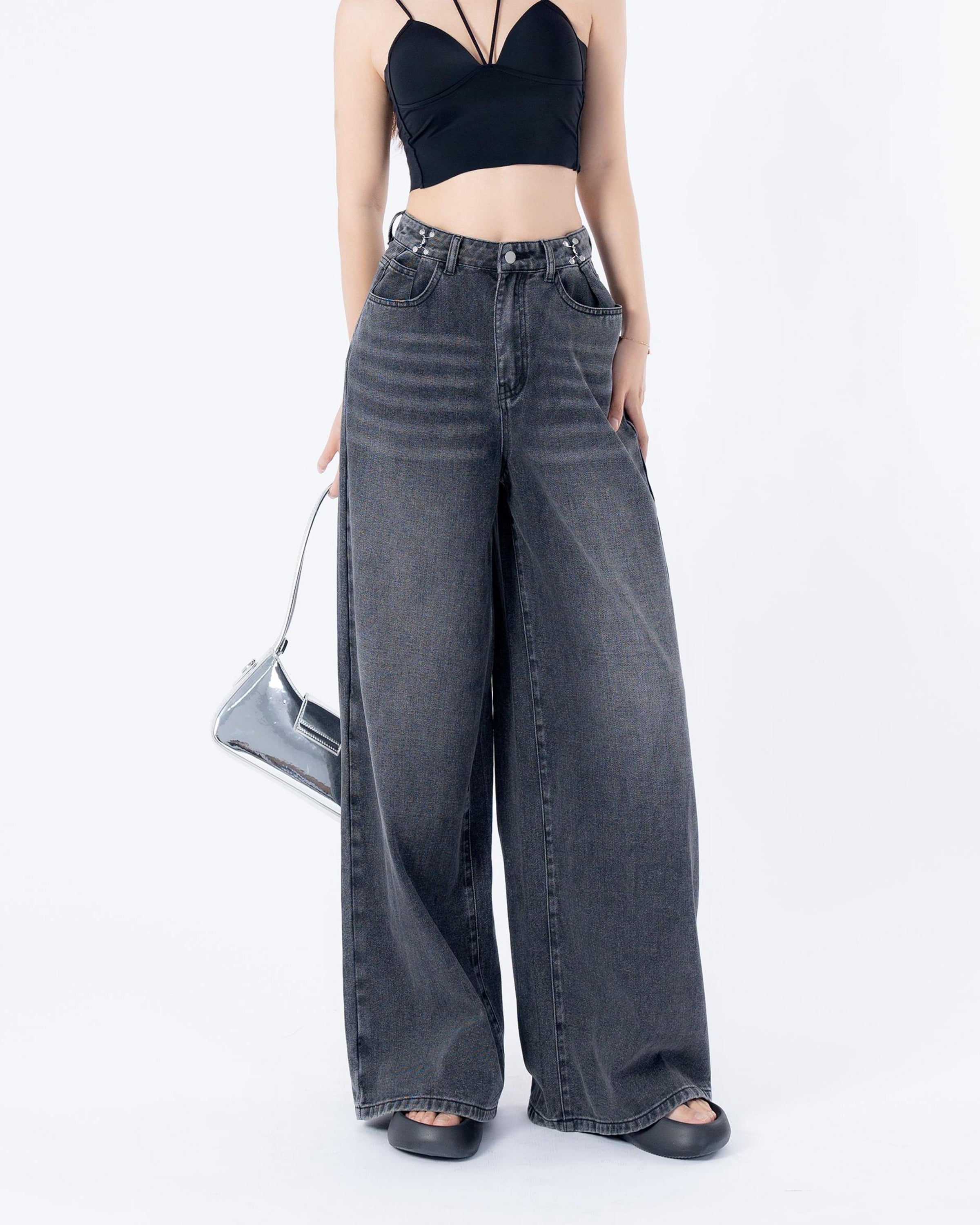 Flvsun-Women's High Waist Jeans SolidWaist Adjusting Buckle Wide LegDenim Jeans-Dark Grey Jeans