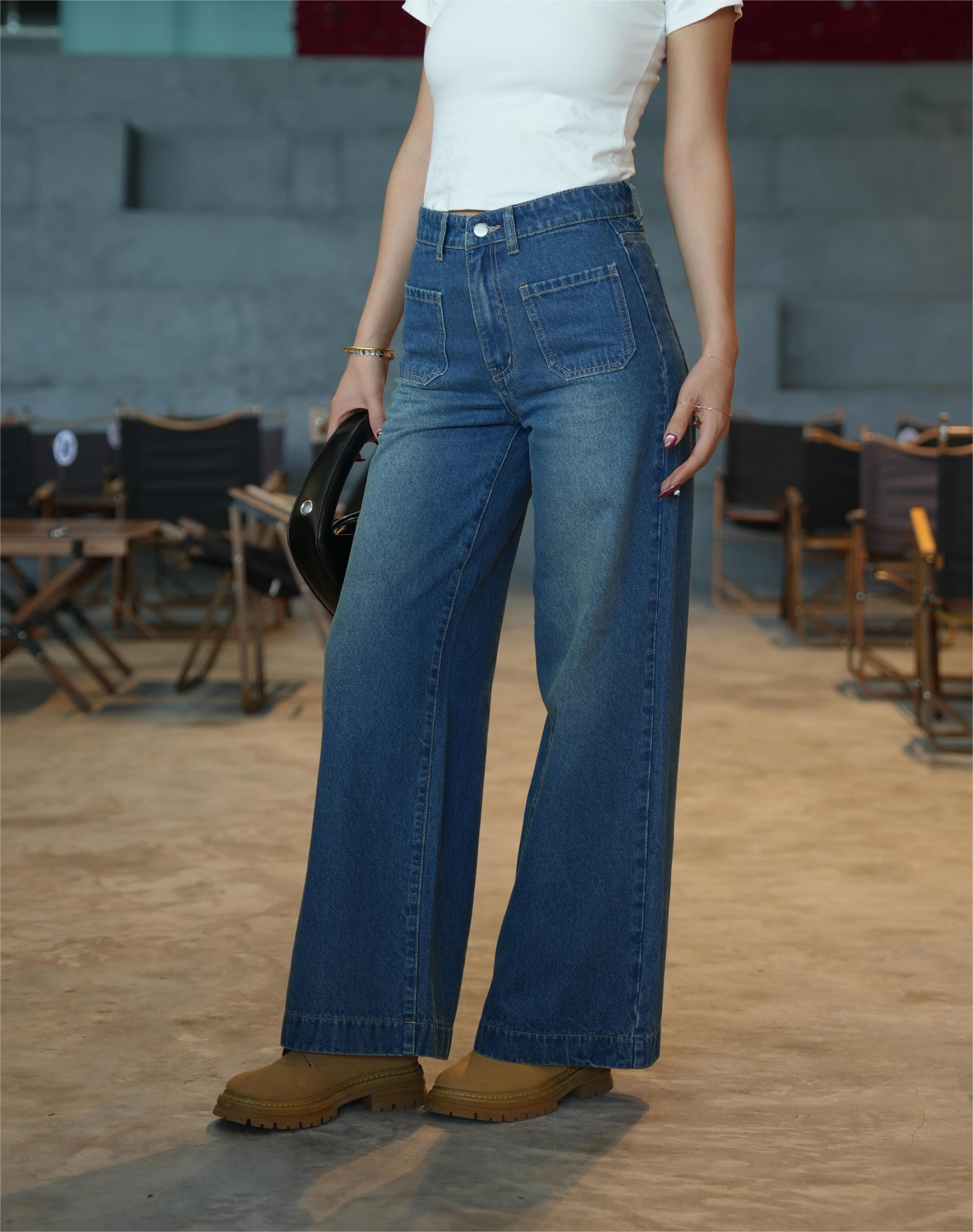 Flvsun-Womens Wide Leg High Waisted Sailor Jeans Trendy Cropped Baggy Denim Pants with Patch Pockets