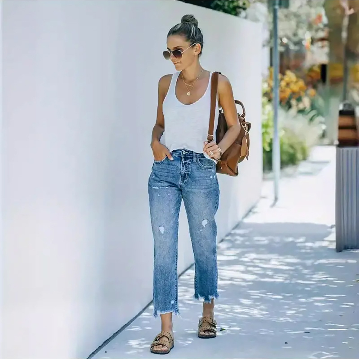 Flvsun-Women's jeans ripped casual nine-minute straight washed jeans female