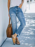 Flvsun-Women's jeans ripped casual nine-minute straight washed jeans female