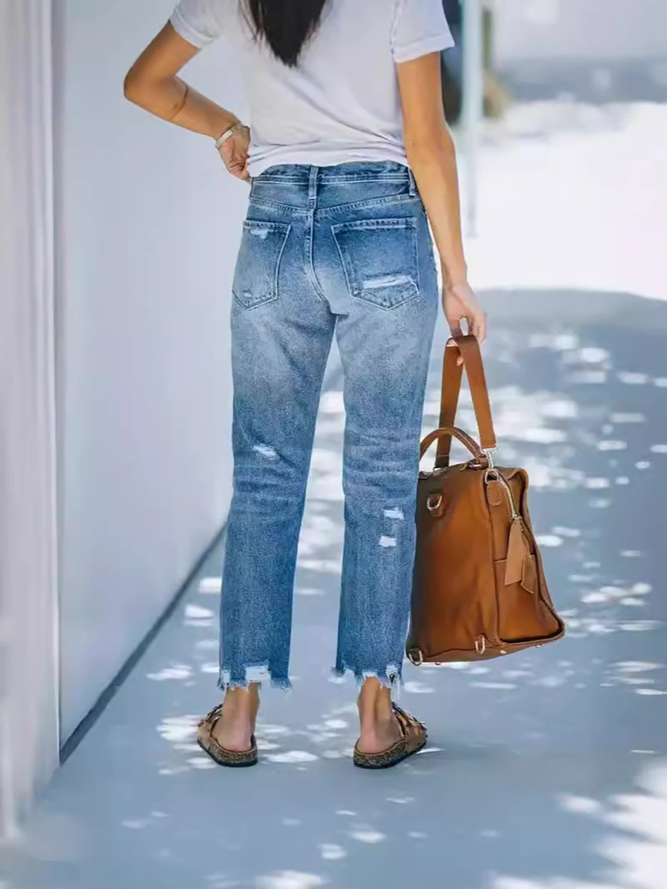 Flvsun-Women's jeans ripped casual nine-minute straight washed jeans female