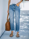 Flvsun-Women's jeans ripped casual nine-minute straight washed jeans female