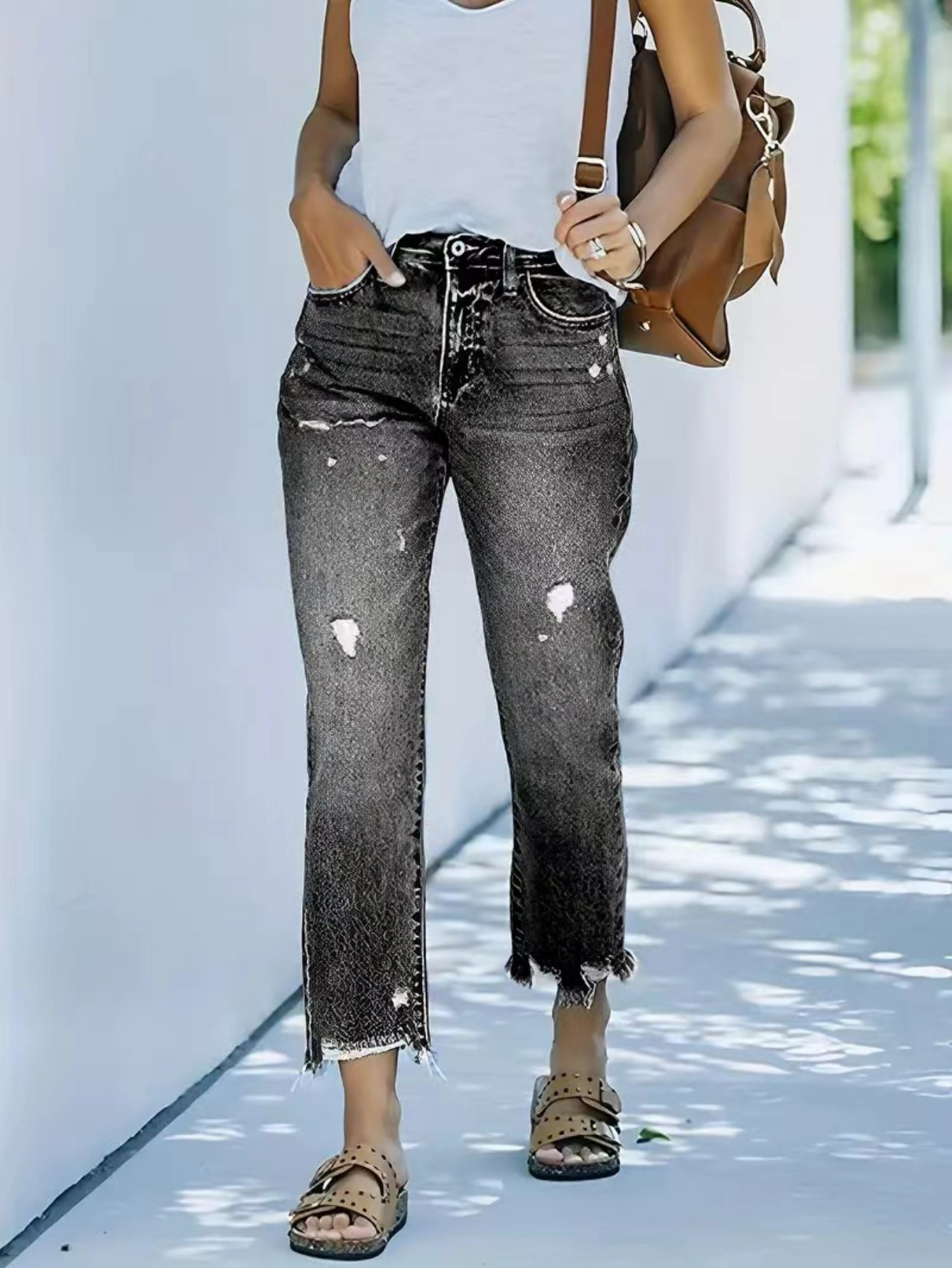 Flvsun-Women's jeans ripped casual nine-minute straight washed jeans female