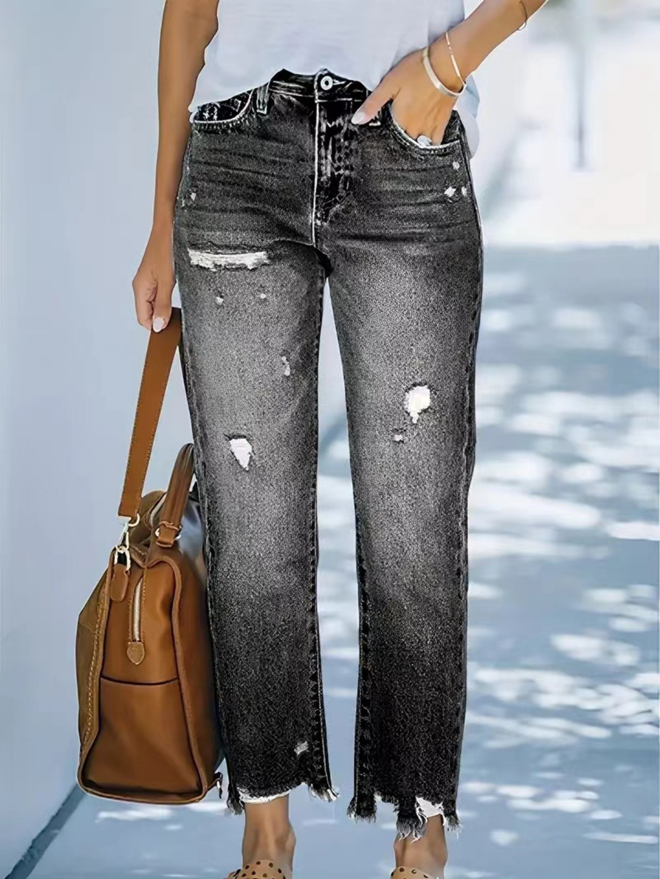 Flvsun-Women's jeans ripped casual nine-minute straight washed jeans female