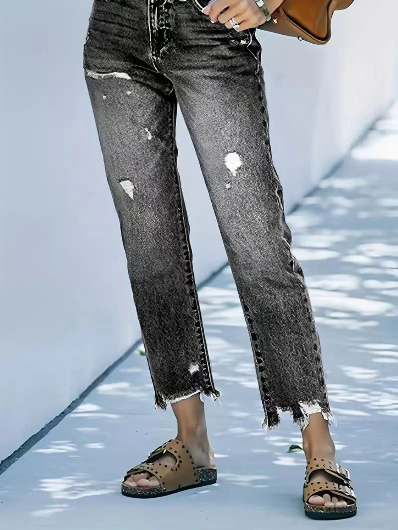 Flvsun-Women's jeans ripped casual nine-minute straight washed jeans female