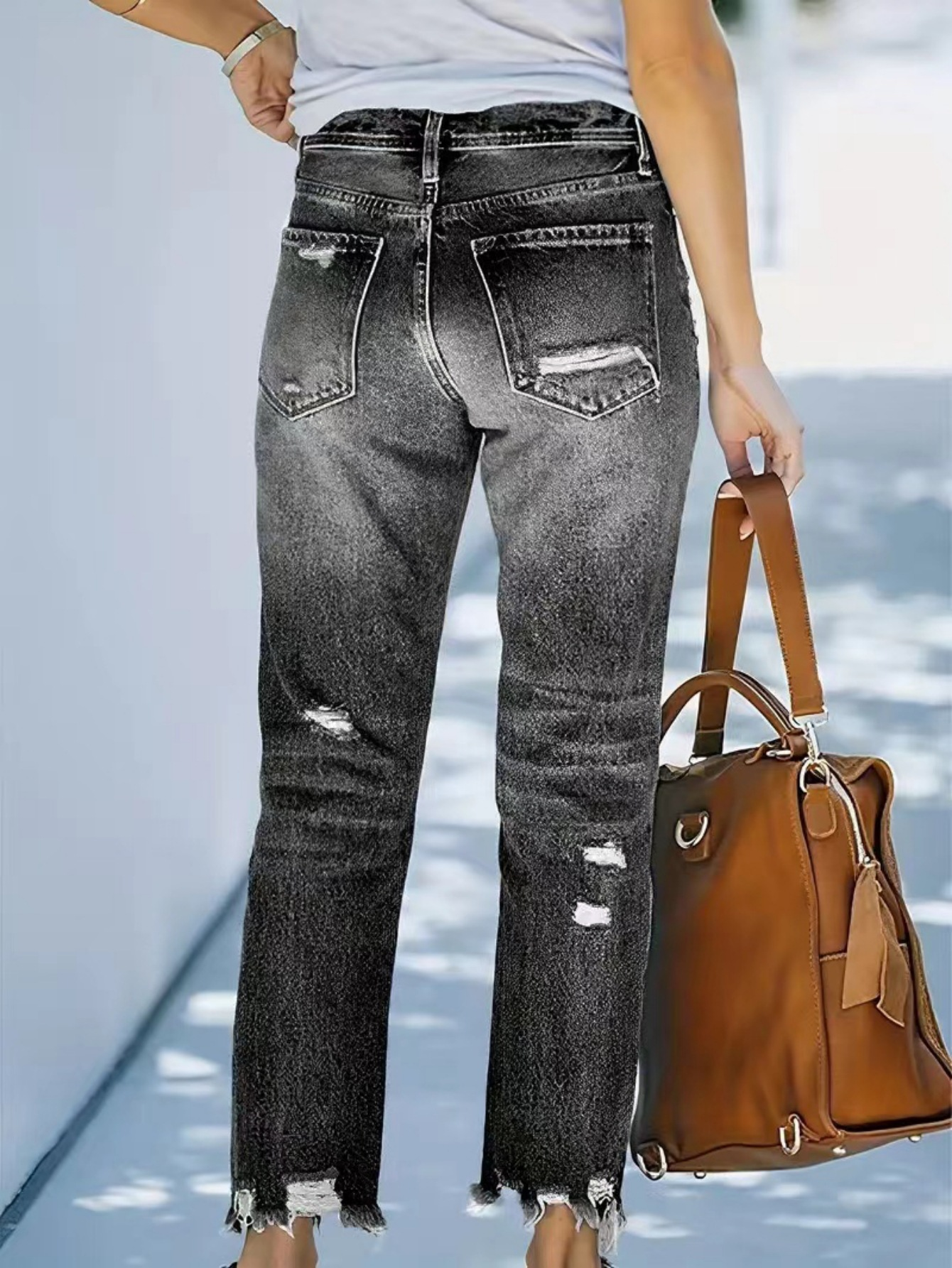 Flvsun-Women's jeans ripped casual nine-minute straight washed jeans female