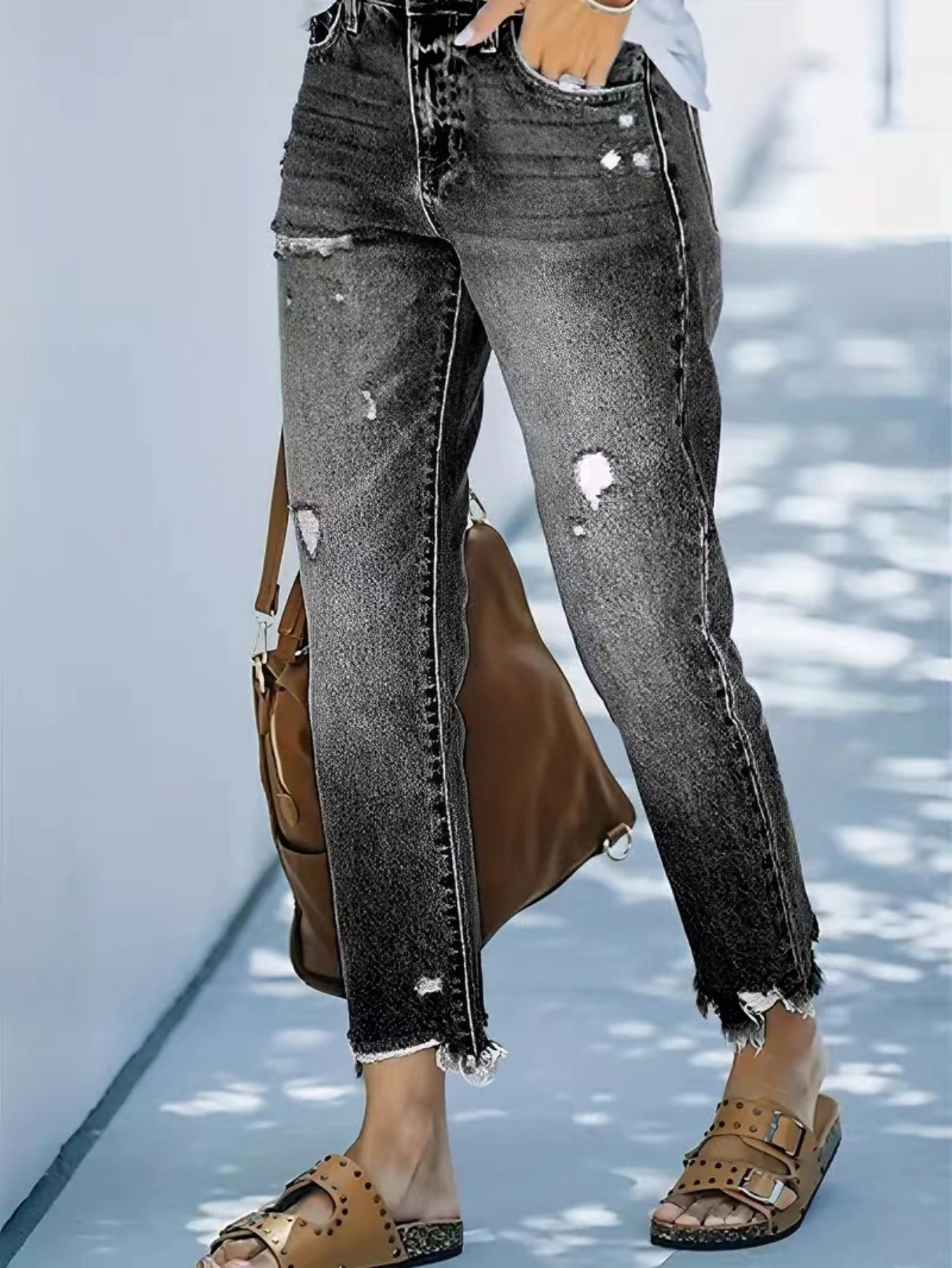 Flvsun-Women's jeans ripped casual nine-minute straight washed jeans female