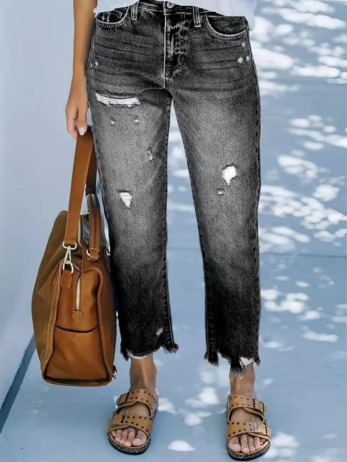 Flvsun-Women's jeans ripped casual nine-minute straight washed jeans female