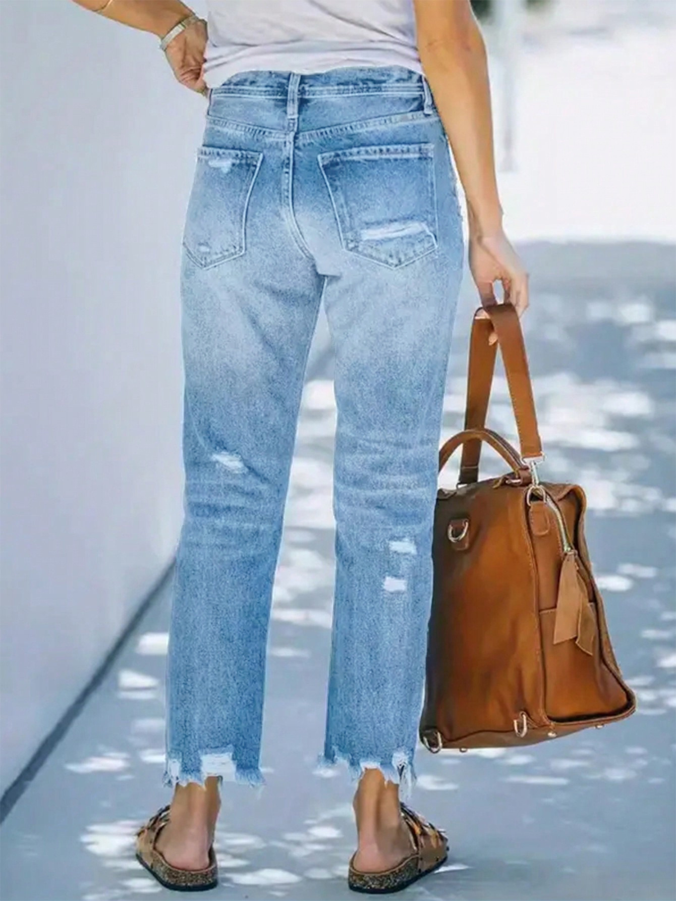 Flvsun-Women's jeans ripped casual nine-minute straight washed jeans female