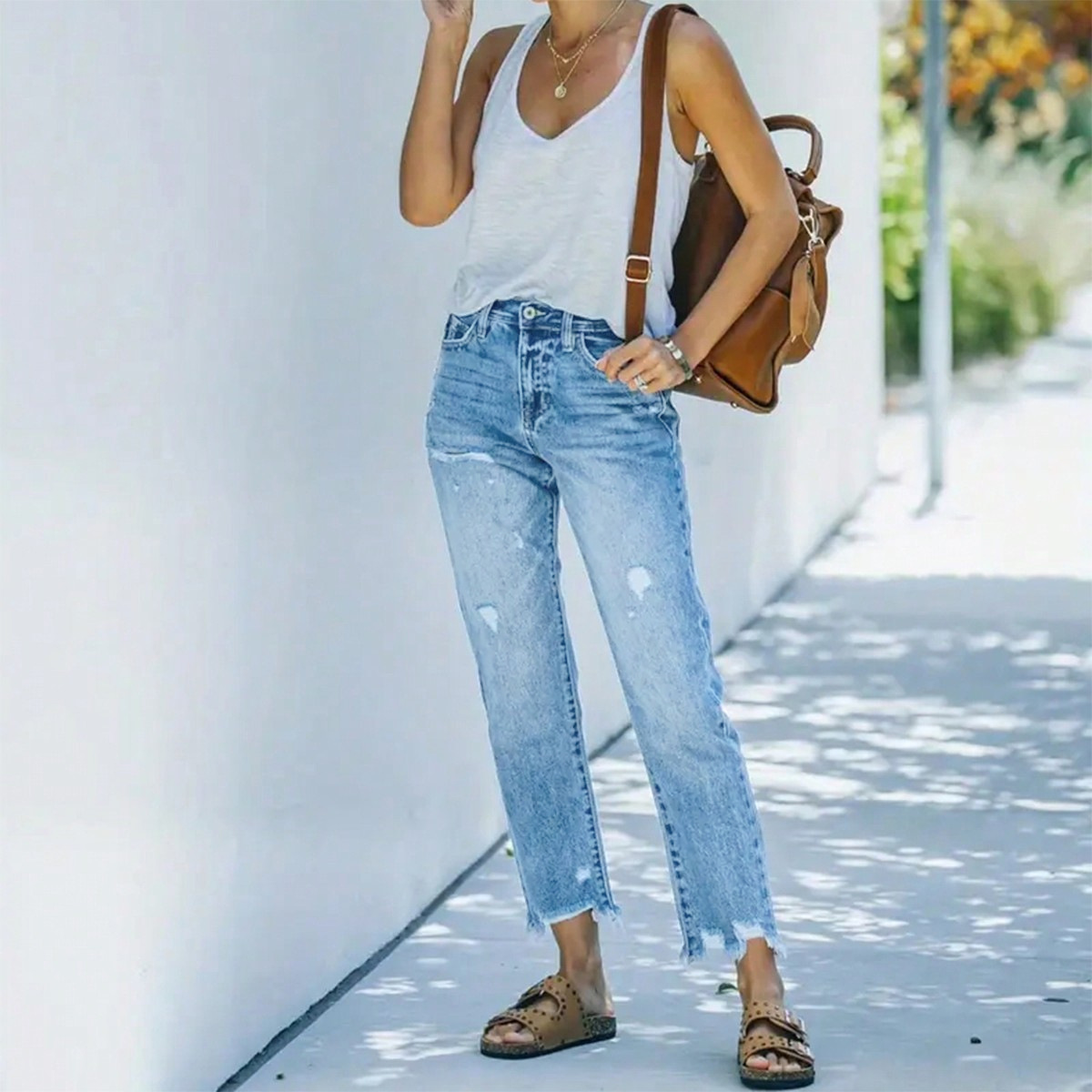 Flvsun-Women's jeans ripped casual nine-minute straight washed jeans female