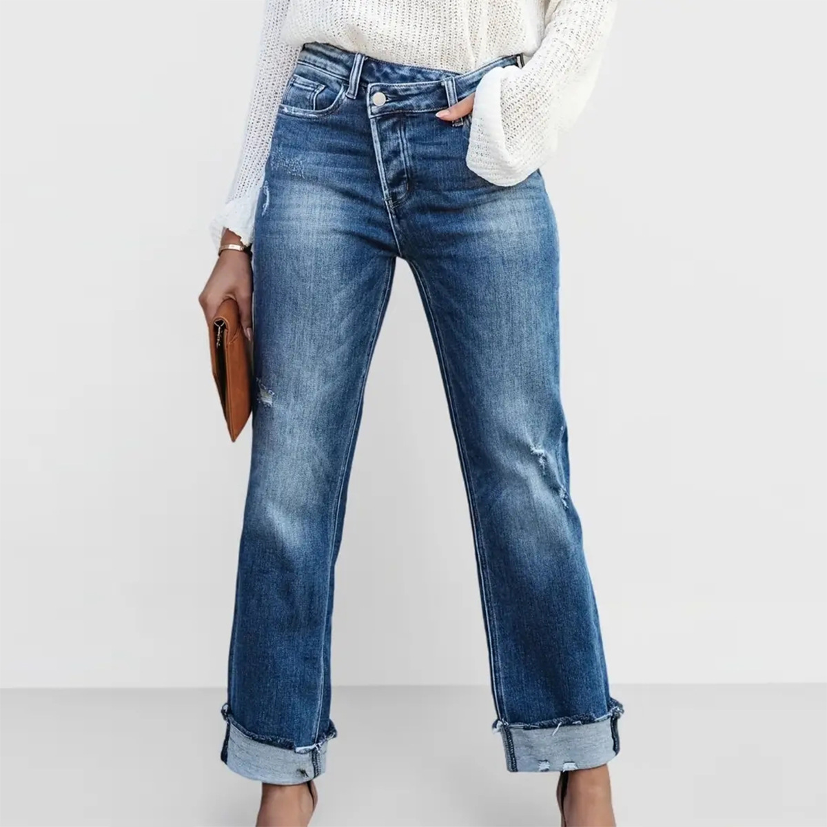 Flvsun-Women'S Slim Fit High Waist Flap Fashion Jeans