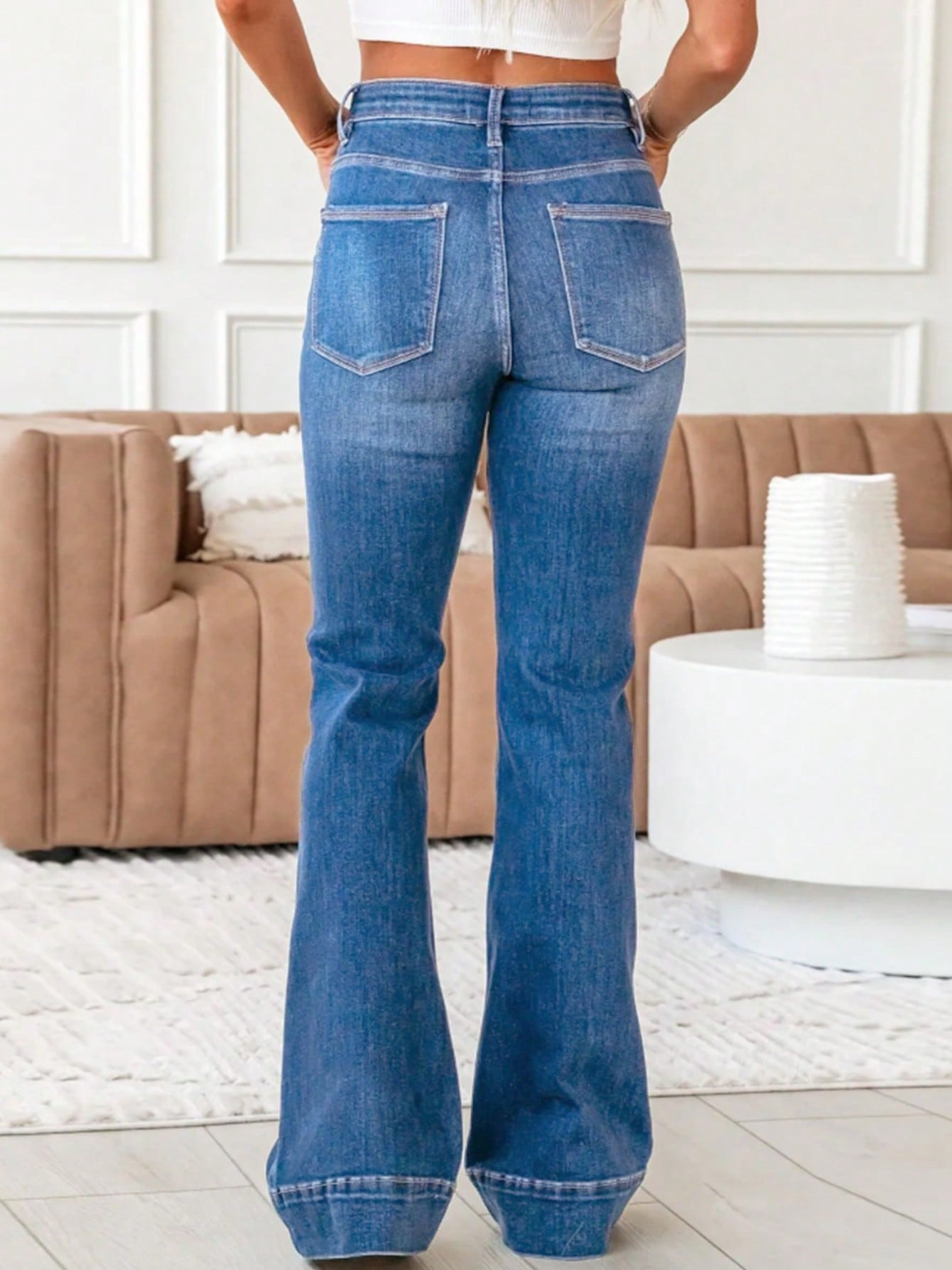 Flvsun-Women'S High-Waist Flared Jeans - Casual Straight-Leg Denim Pants, Machine Washable, Blue Washed Finish