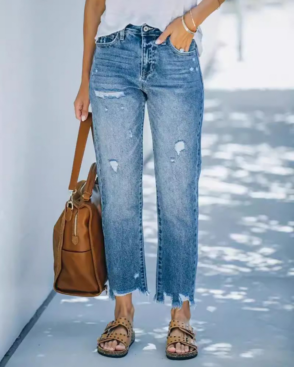 Flvsun-Women's jeans ripped casual nine-minute straight washed jeans female