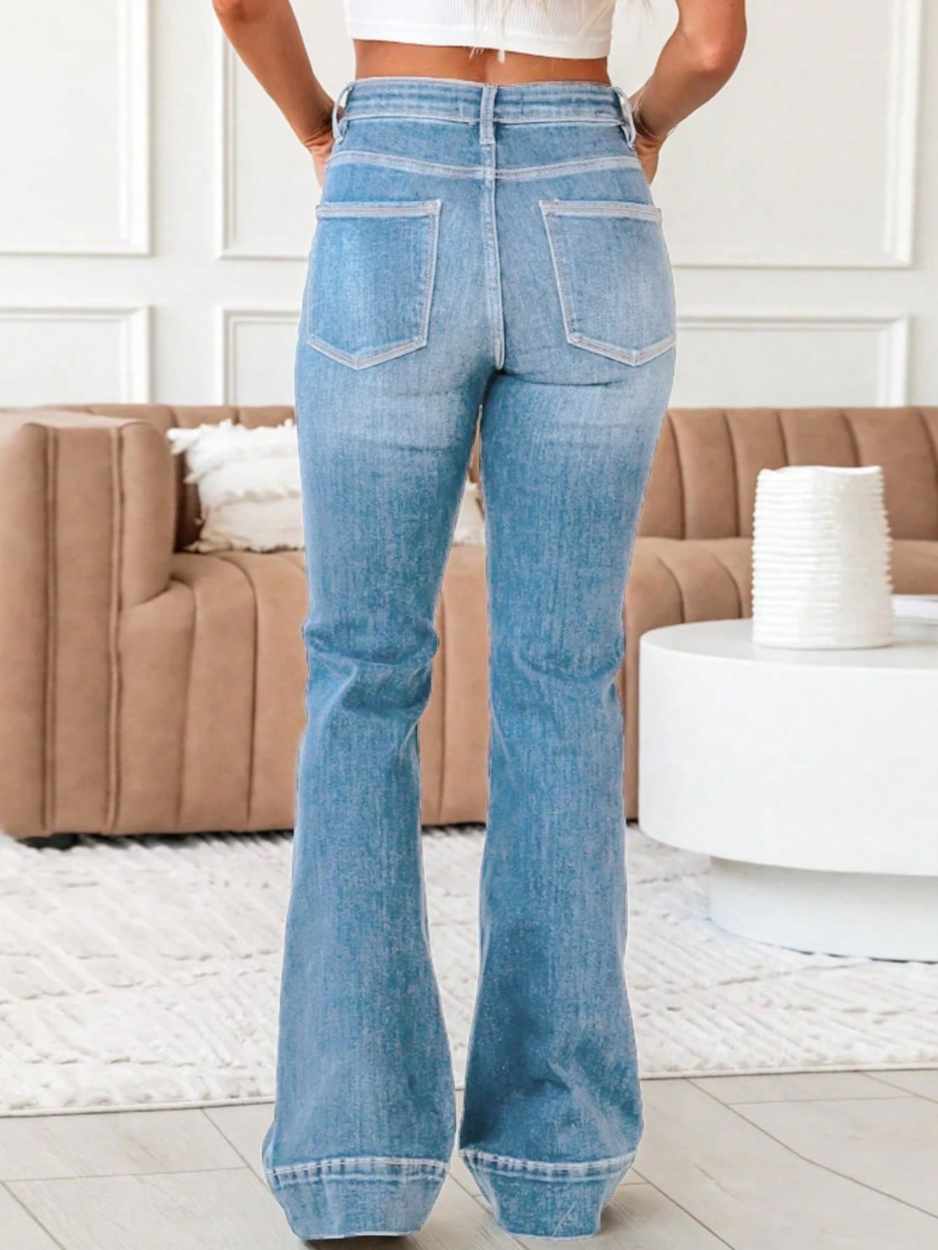 Flvsun-Women'S High-Waist Flared Jeans - Casual Straight-Leg Denim Pants, Machine Washable, Blue Washed Finish