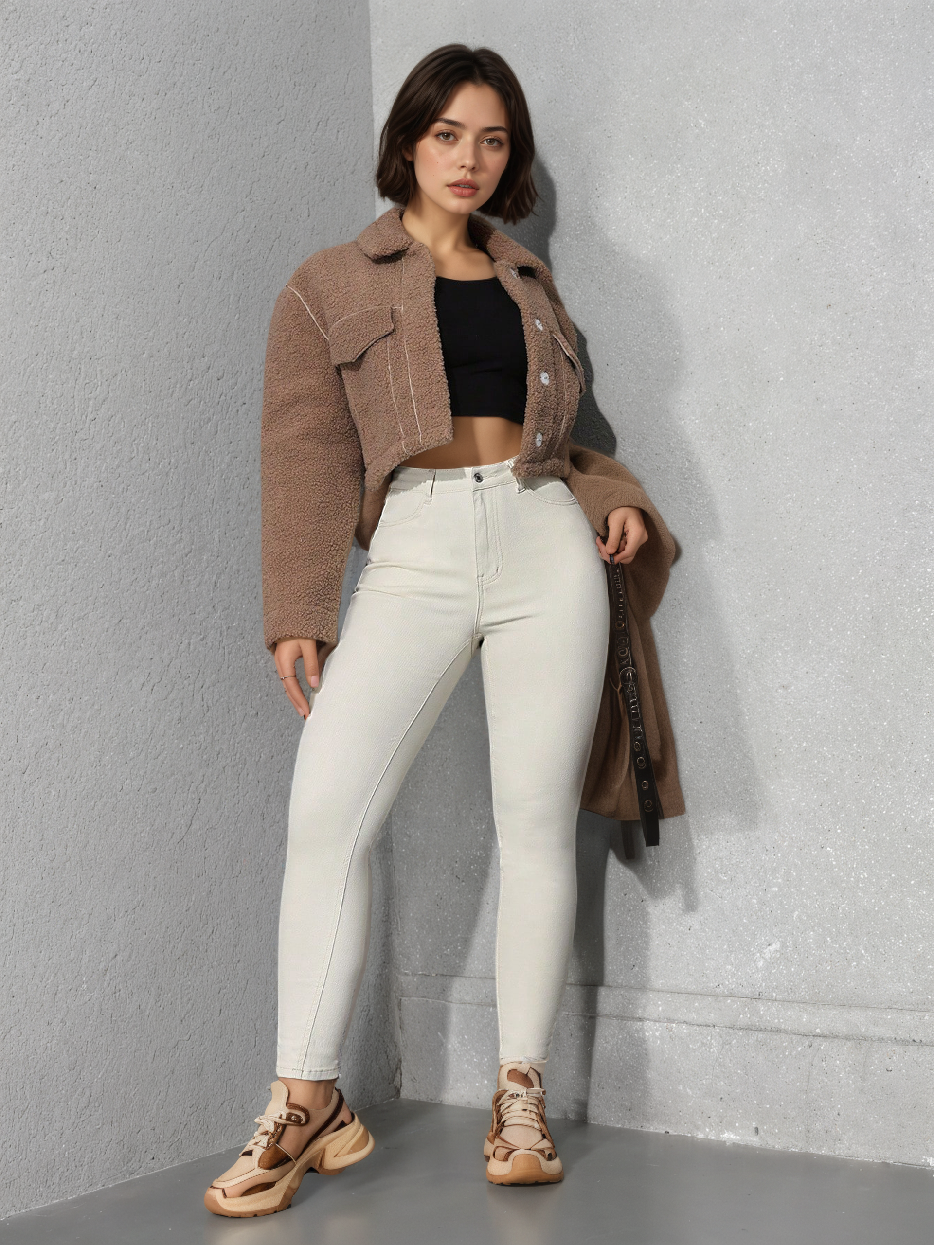 Flvsun-Solid Color Pocket Zipper Closure Casual Skinny Fit Jeans