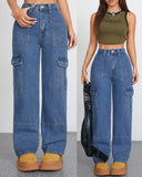 Flvsun Women's High Waist Baggy Cargo Jeans with pockets, relaxed fit, denim style, versatile and trendy for casual wear.