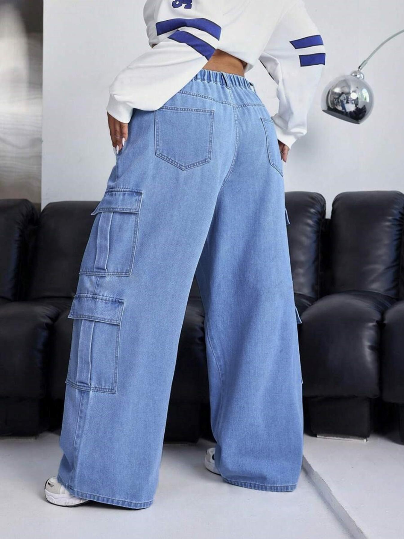 Flvsun-Plus Size Women's High-Waisted Cargo Pants: Elasticized Back Waistband, Straight Leg with Slant Pockets | Street & Casual Style