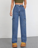 Flvsun Women's High Waist Baggy Cargo Jeans - Loose Fit Utility Pants with Pockets in blue denim, stylish and relaxed fit.