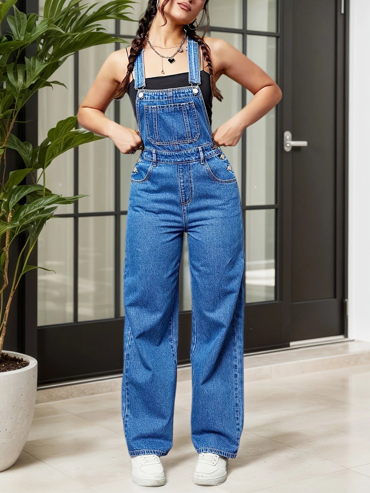 Flvsun-Womens Overalls Denim Straight Wide Leg