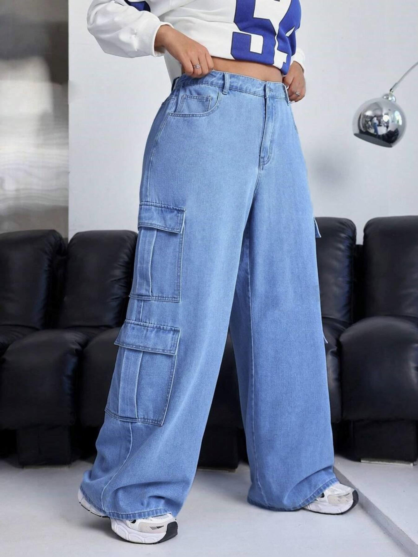 Flvsun-Plus Size Women's High-Waisted Cargo Pants: Elasticized Back Waistband, Straight Leg with Slant Pockets | Street & Casual Style
