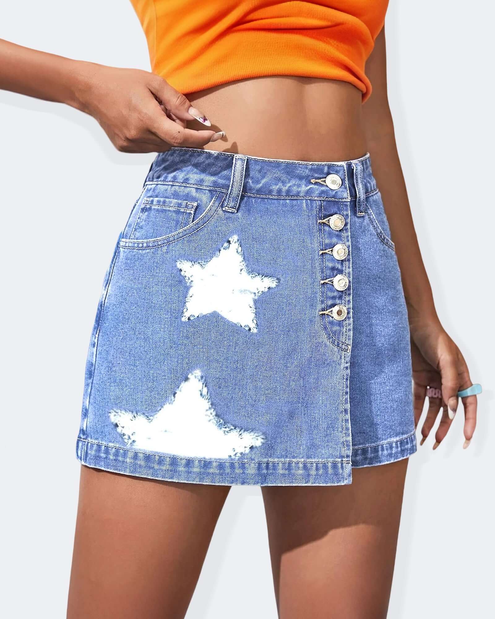 Flvsun women's high waisted denim skort shorts with star print and buttons, perfect for casual summer outings.