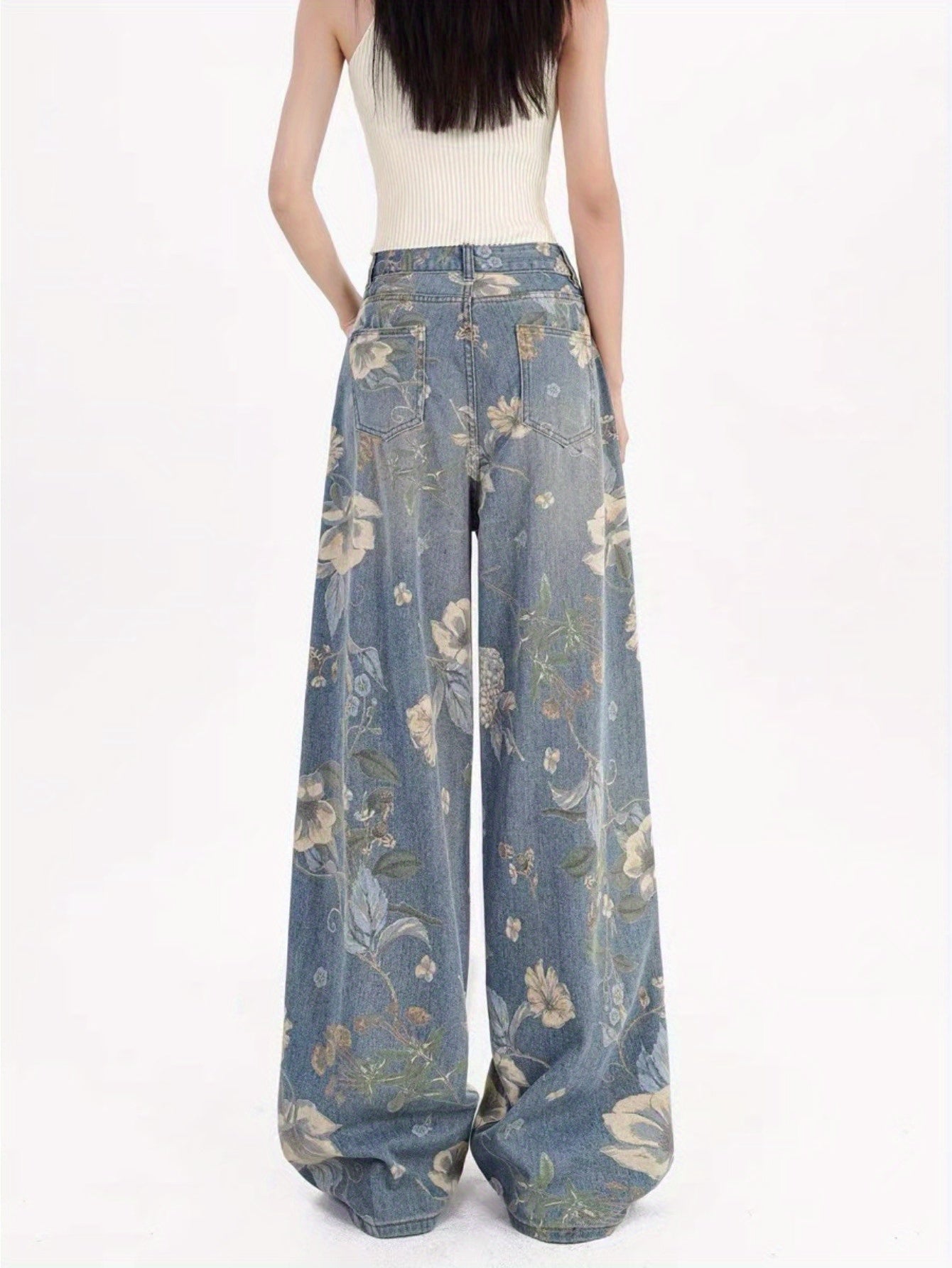 Flvsun women's high waist wide leg baggy jeans with floral print, perfect for a trendy Y2K 90s style.