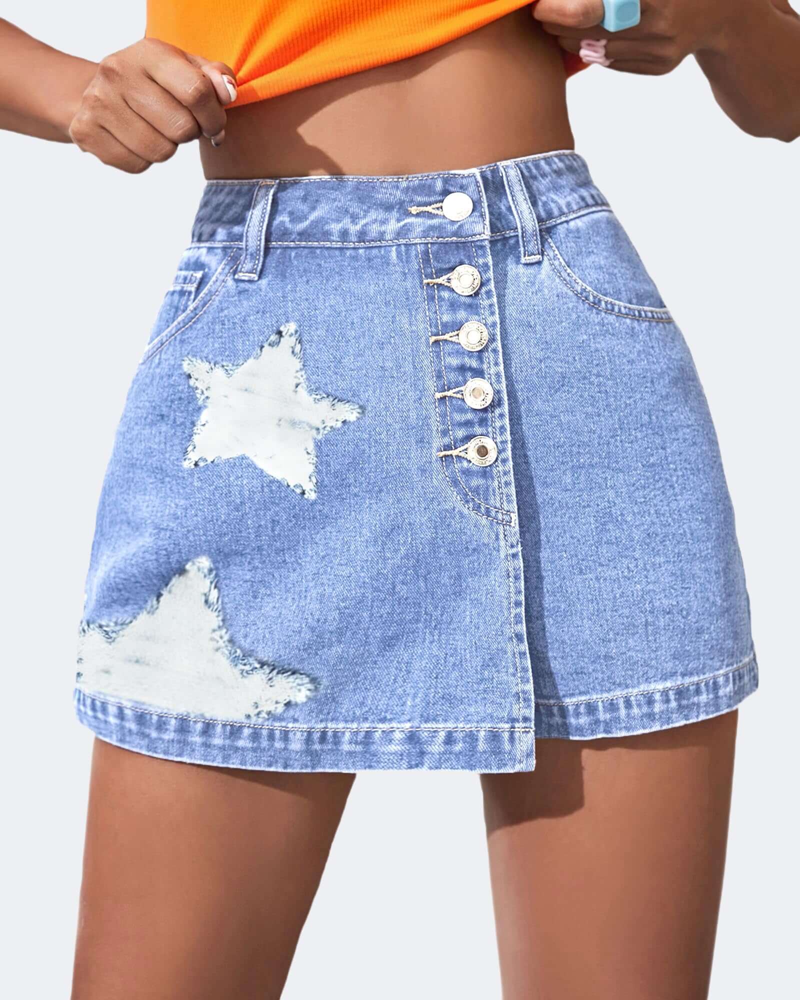 Flvsun women's high waisted denim skort shorts with star print, A-line style for casual wear.