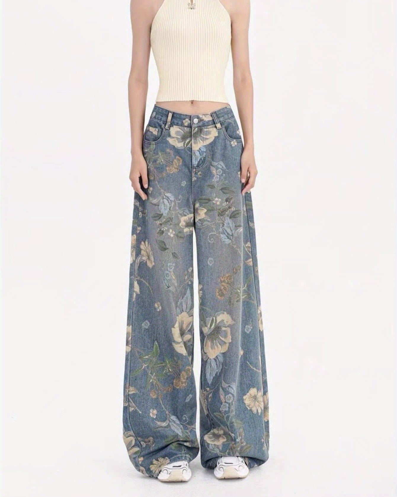 Flvsun Women's Wide Leg High Waisted Jeans with Floral Print, Loose Fit Denim Pants, Y2K 90s Style